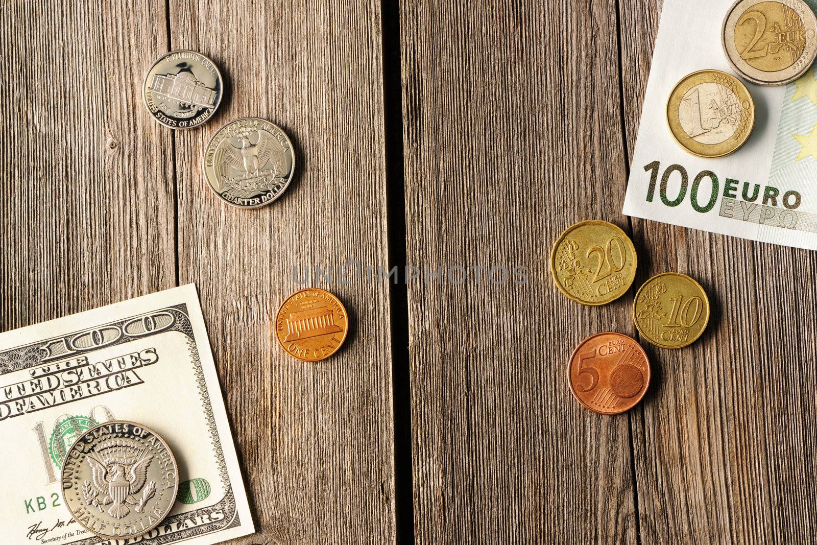 US and euro currency over wooden background