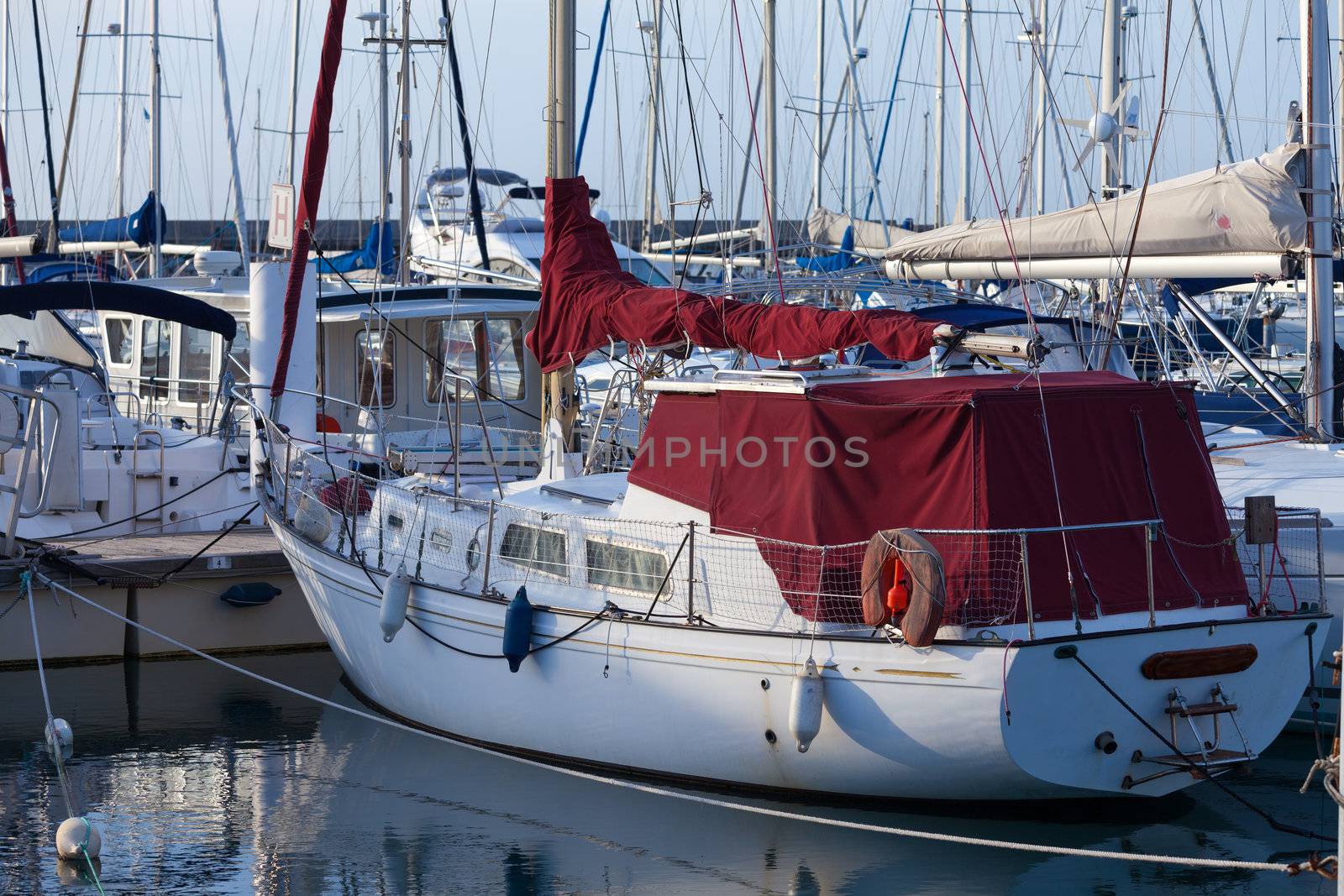 Small luxury pleasure yachts moored in a marina under a sunny blue sky