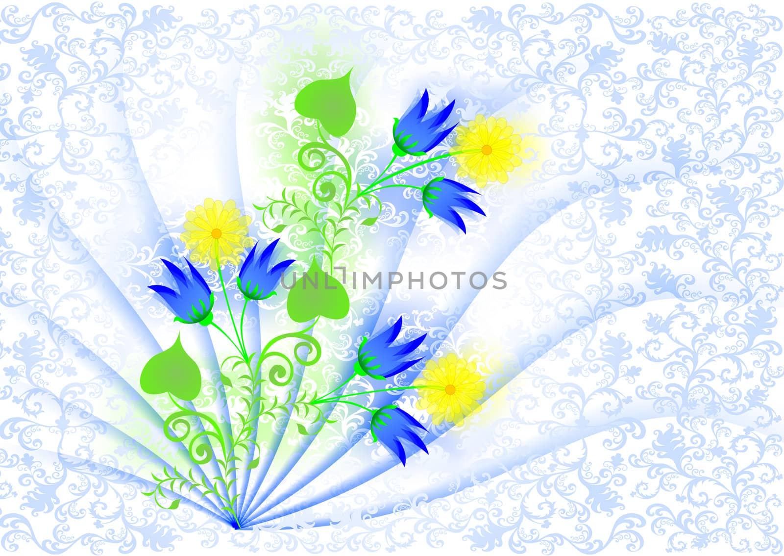 greeting card with blue bells and yellow daisies on the decorative background