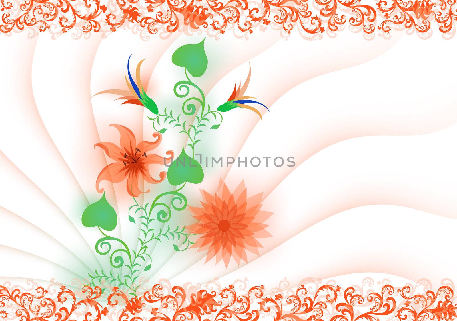 Greeting card with lilies and dahlias on  white  background with flabelliform strip