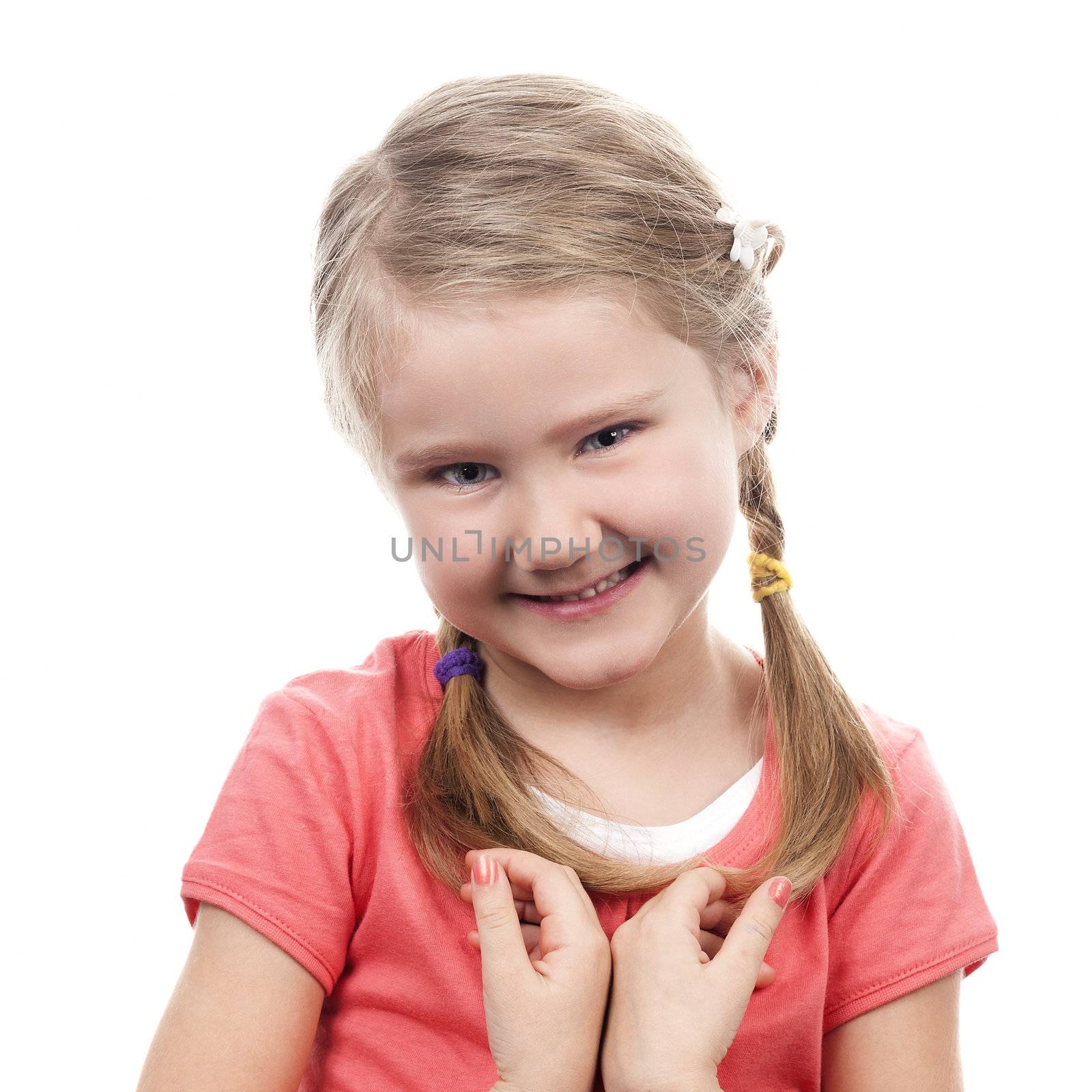 portrait of shy girl on white background