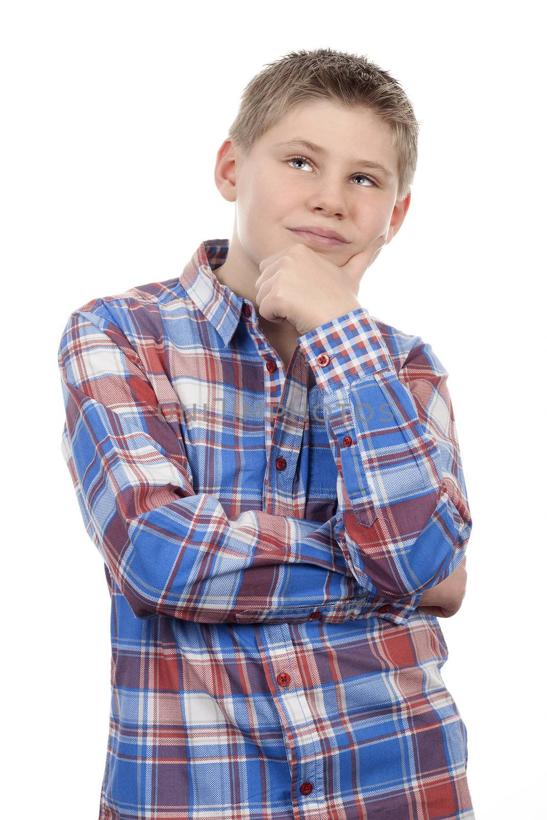 little boy looking up isolated on a white background