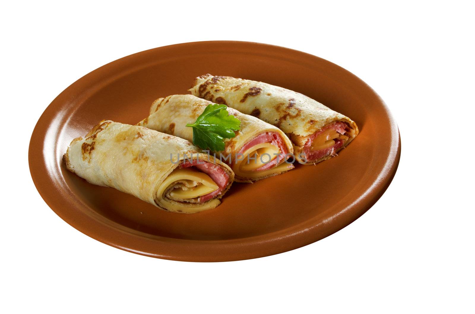 rolled pancakes stuffed ham and cheese. by Fanfo