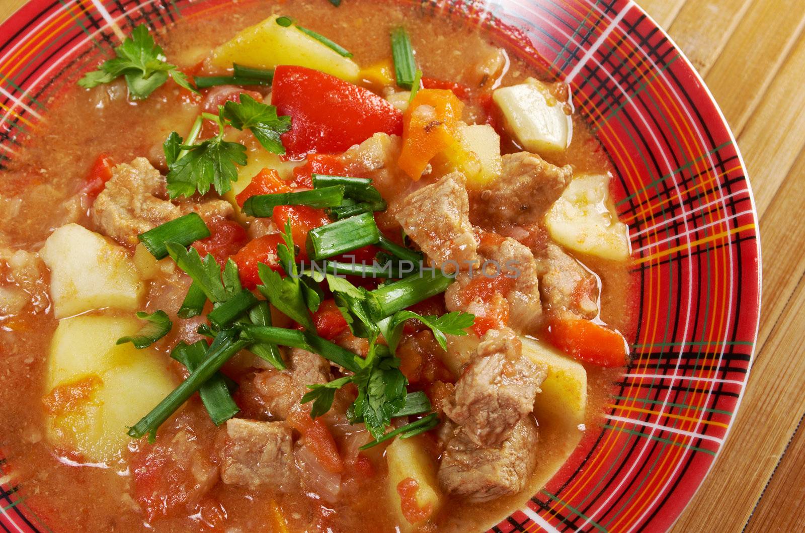 Traditional Hungarian homemade hot goulash soup