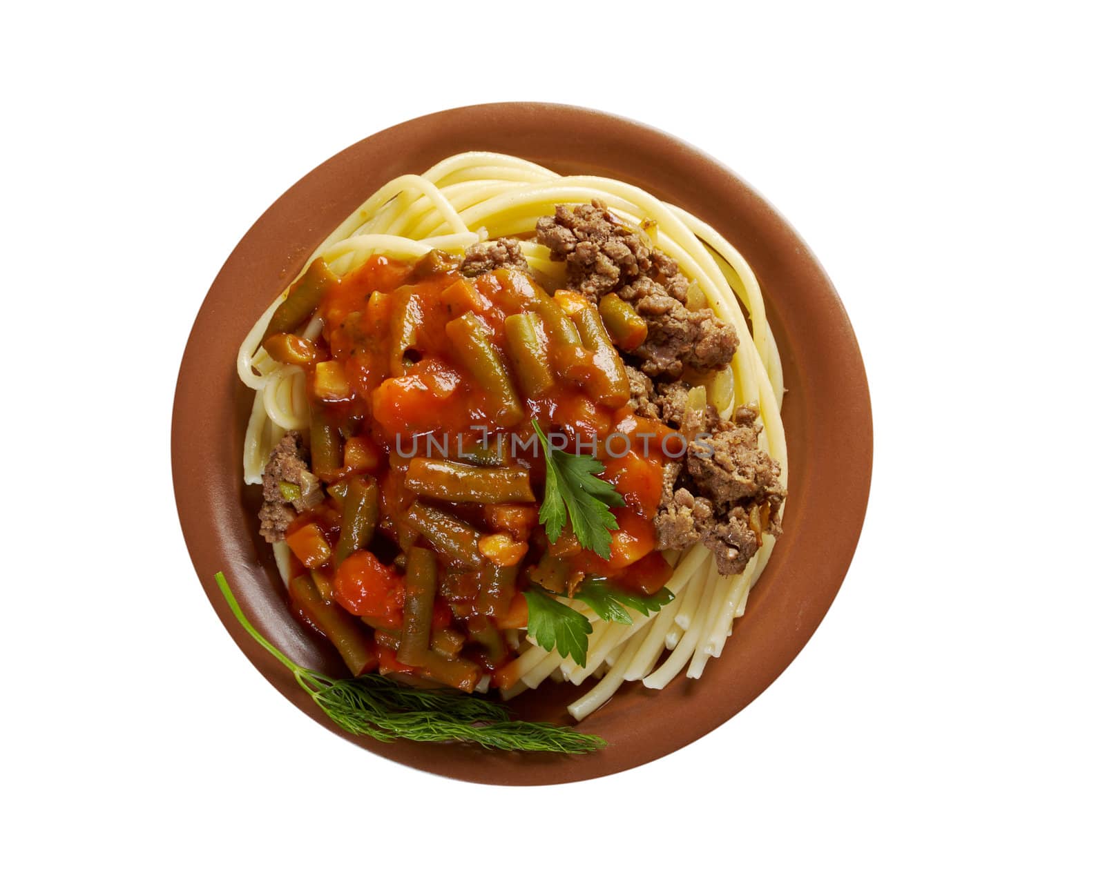  pasta with  beef ,vegetable  tomato sauce  on wooden table