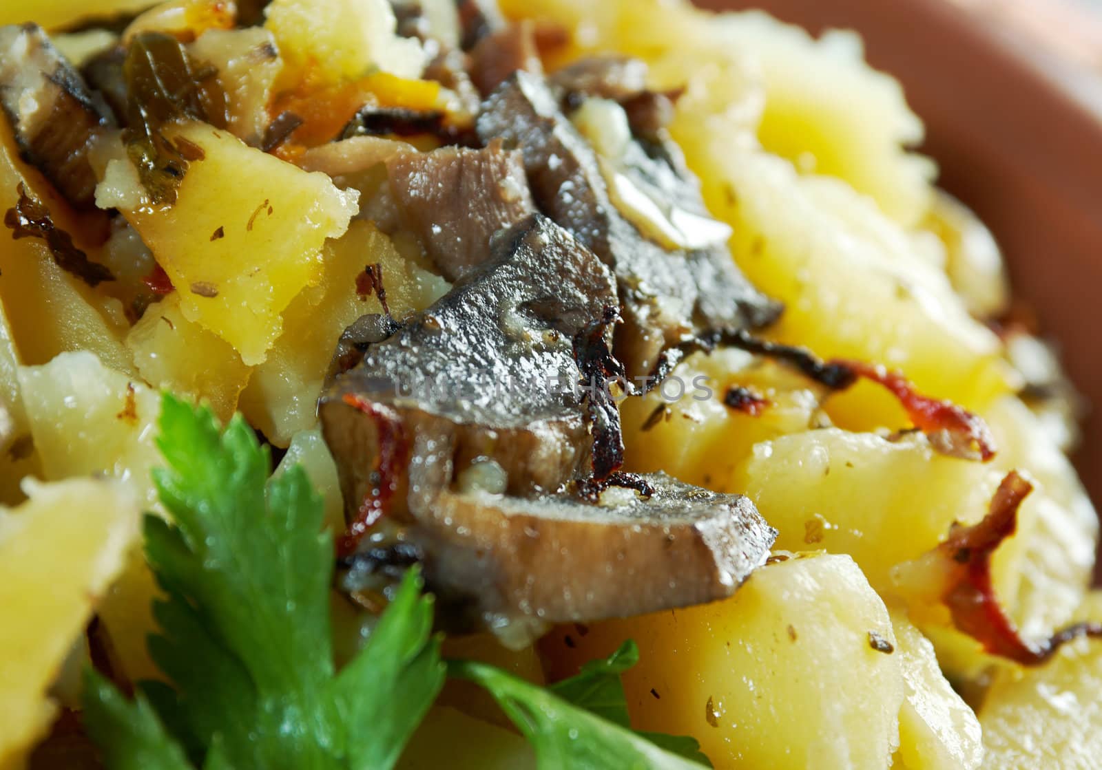 mushrooms with roasted potato closeup