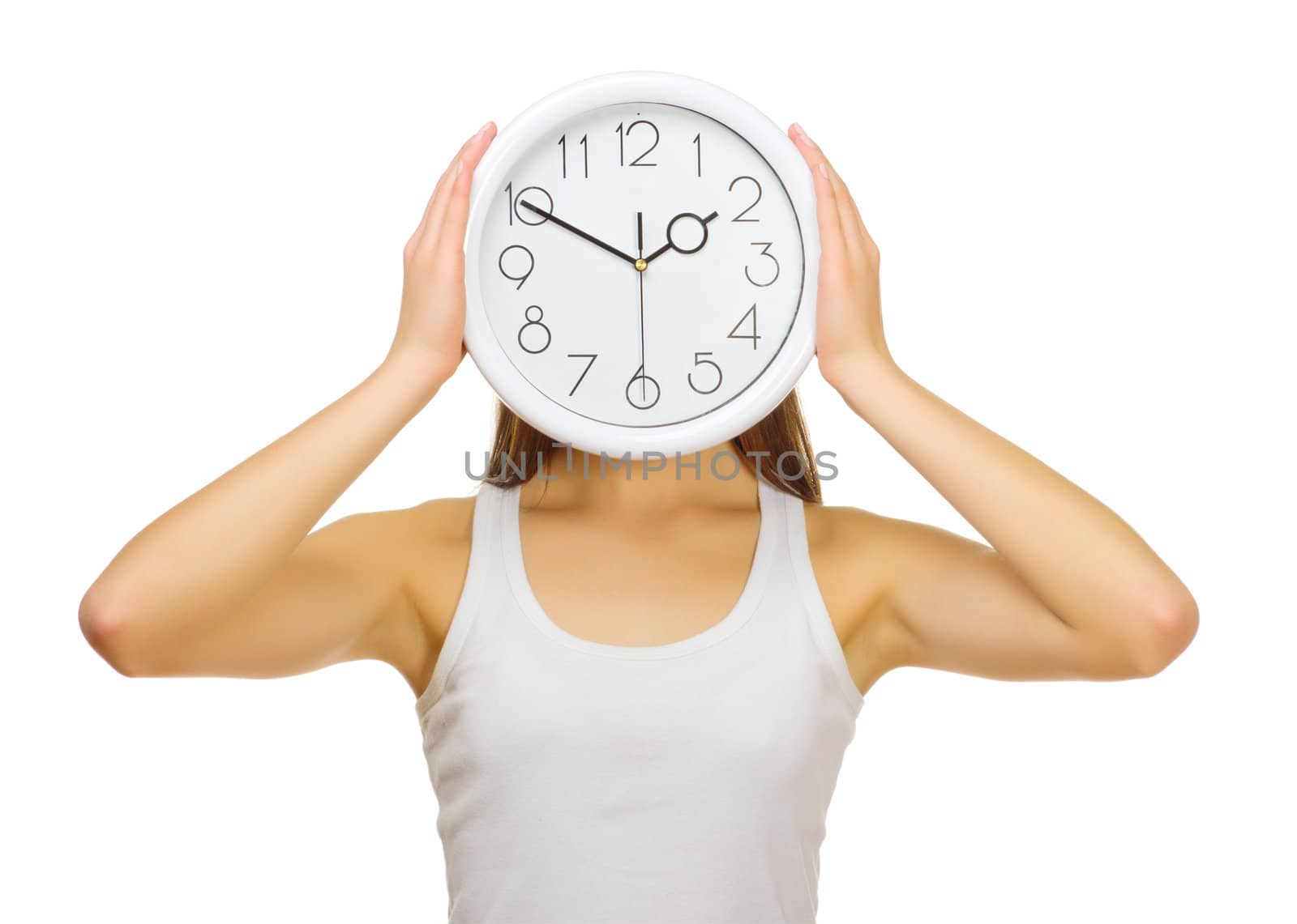 Young girl with clock isolated