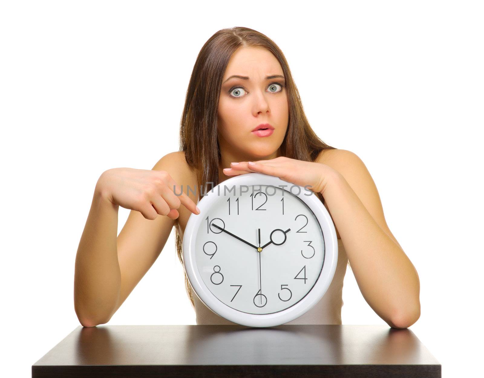 Young girl with clock isolated