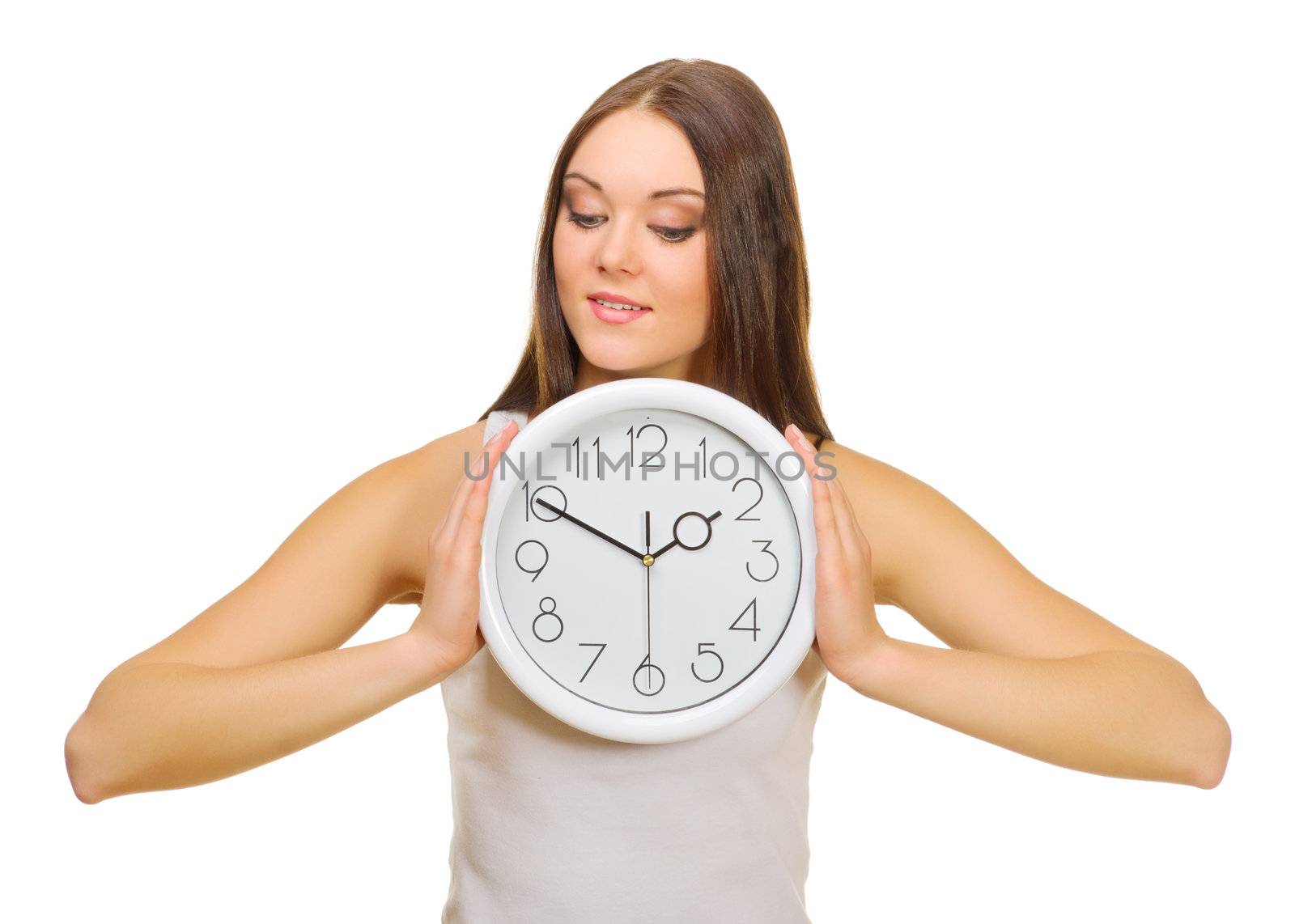 Young girl with clock isolated