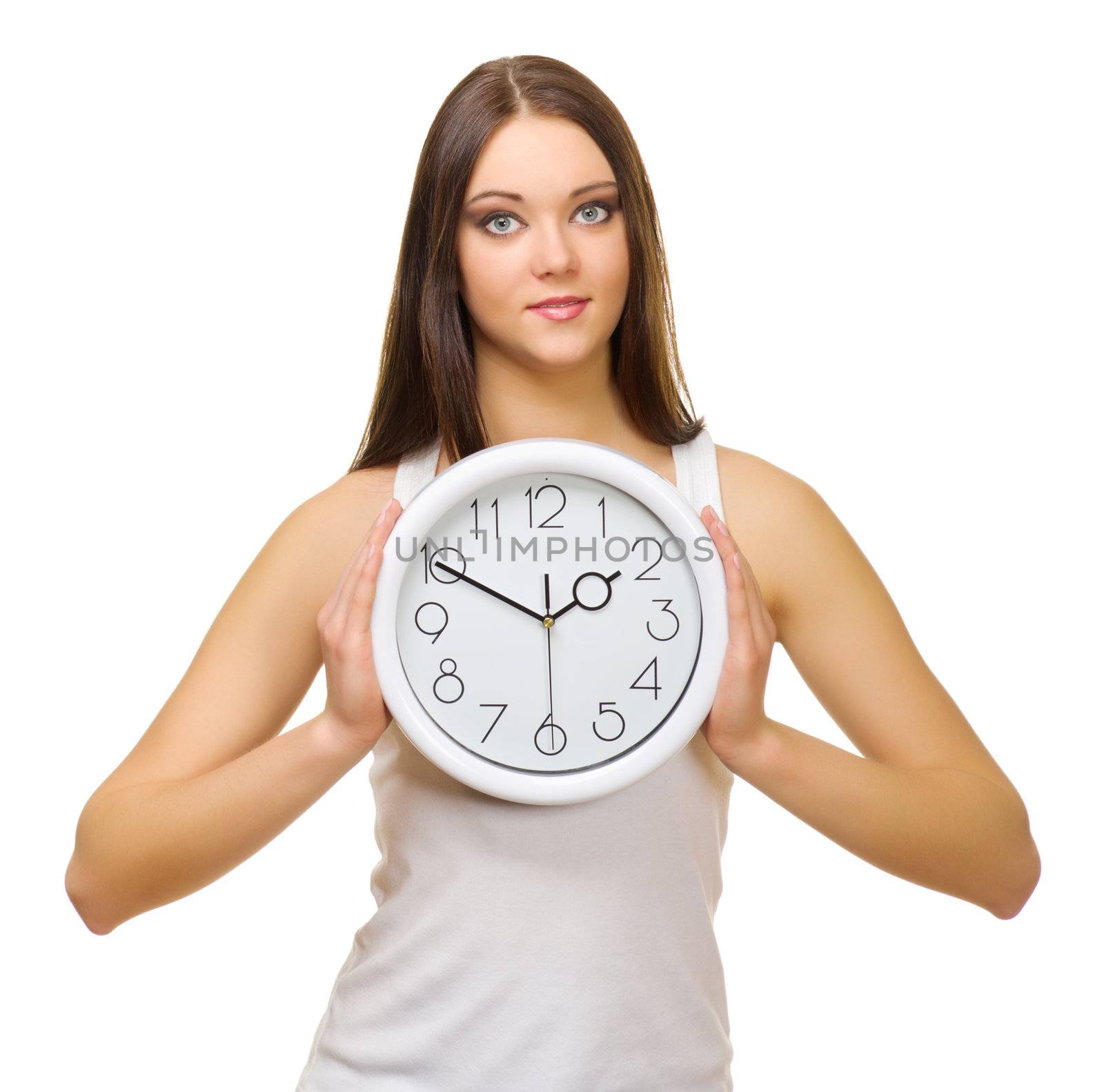 Young girl with clocks isolated