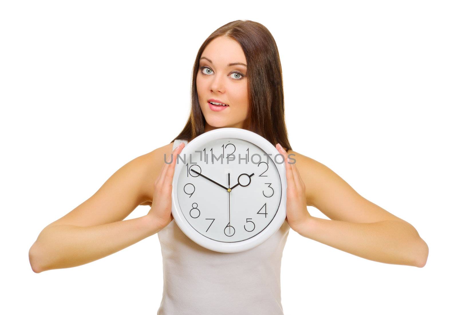 Young girl with clock isolated