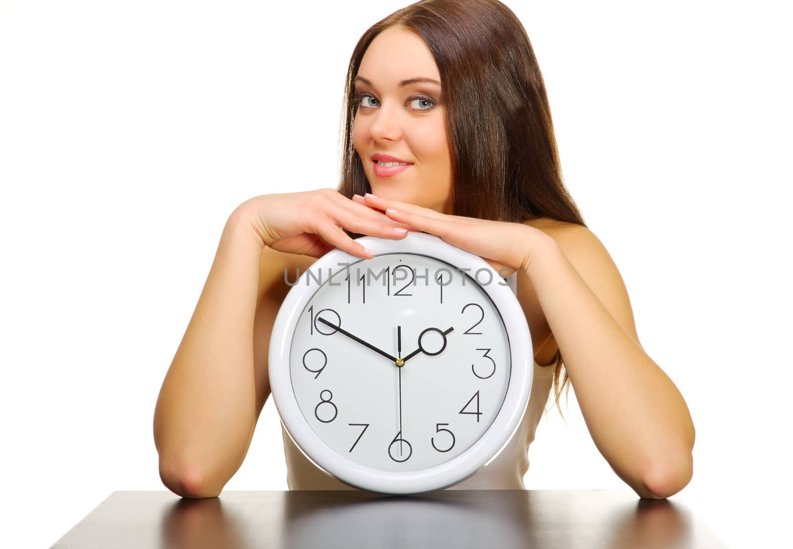 Young girl with clock isolated