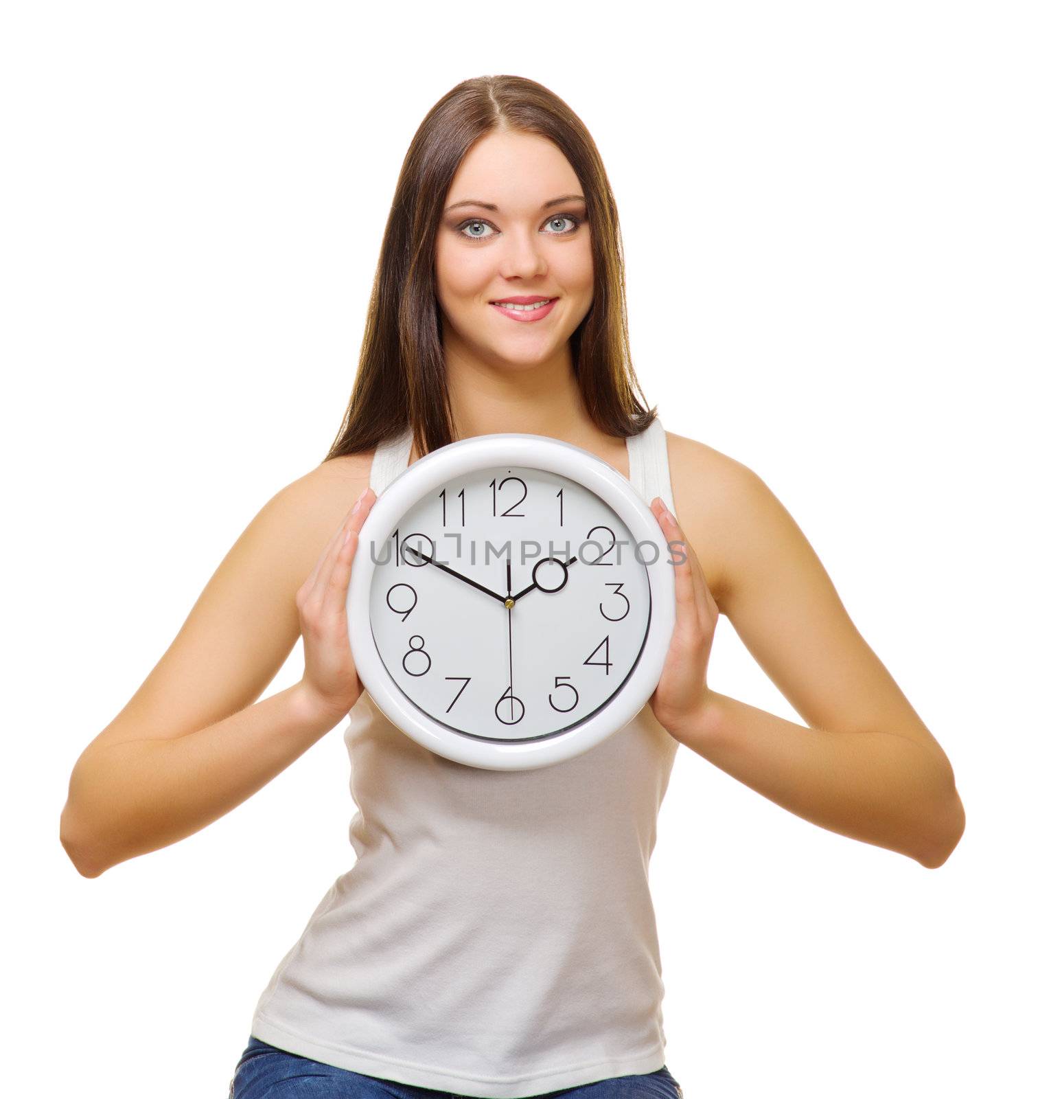 Young girl with clocks isolated