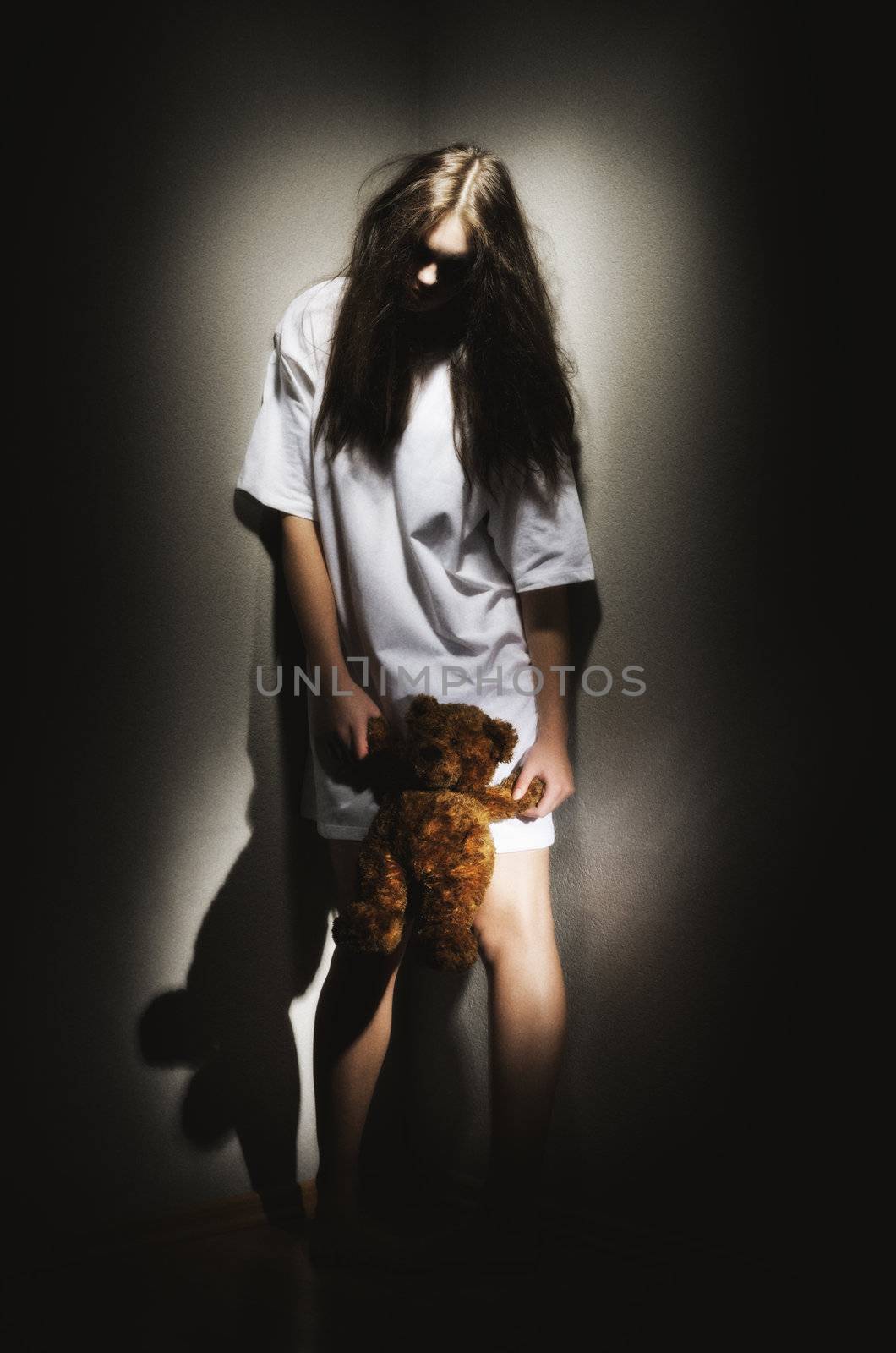 Young zombie girl with teddy bear (ancient version) by rbv