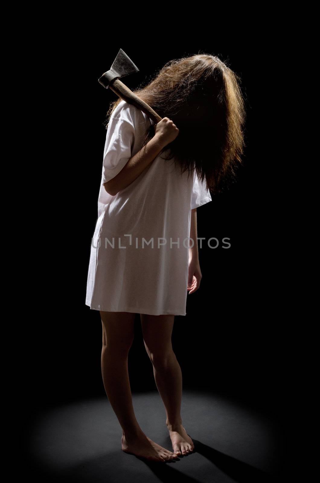 Zombie girl with axe on black