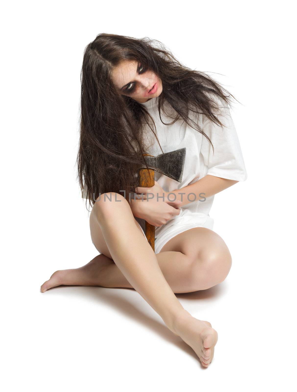 Zombie girl with axe isolated
