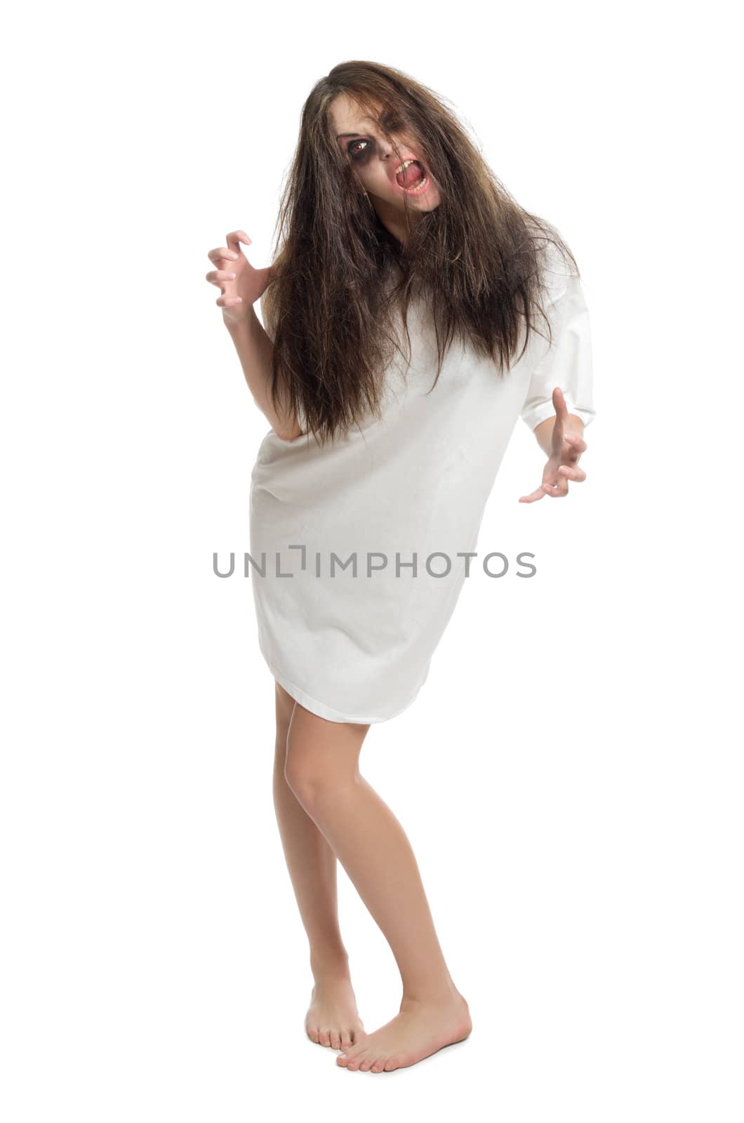 Young zombie girl isolated on white
