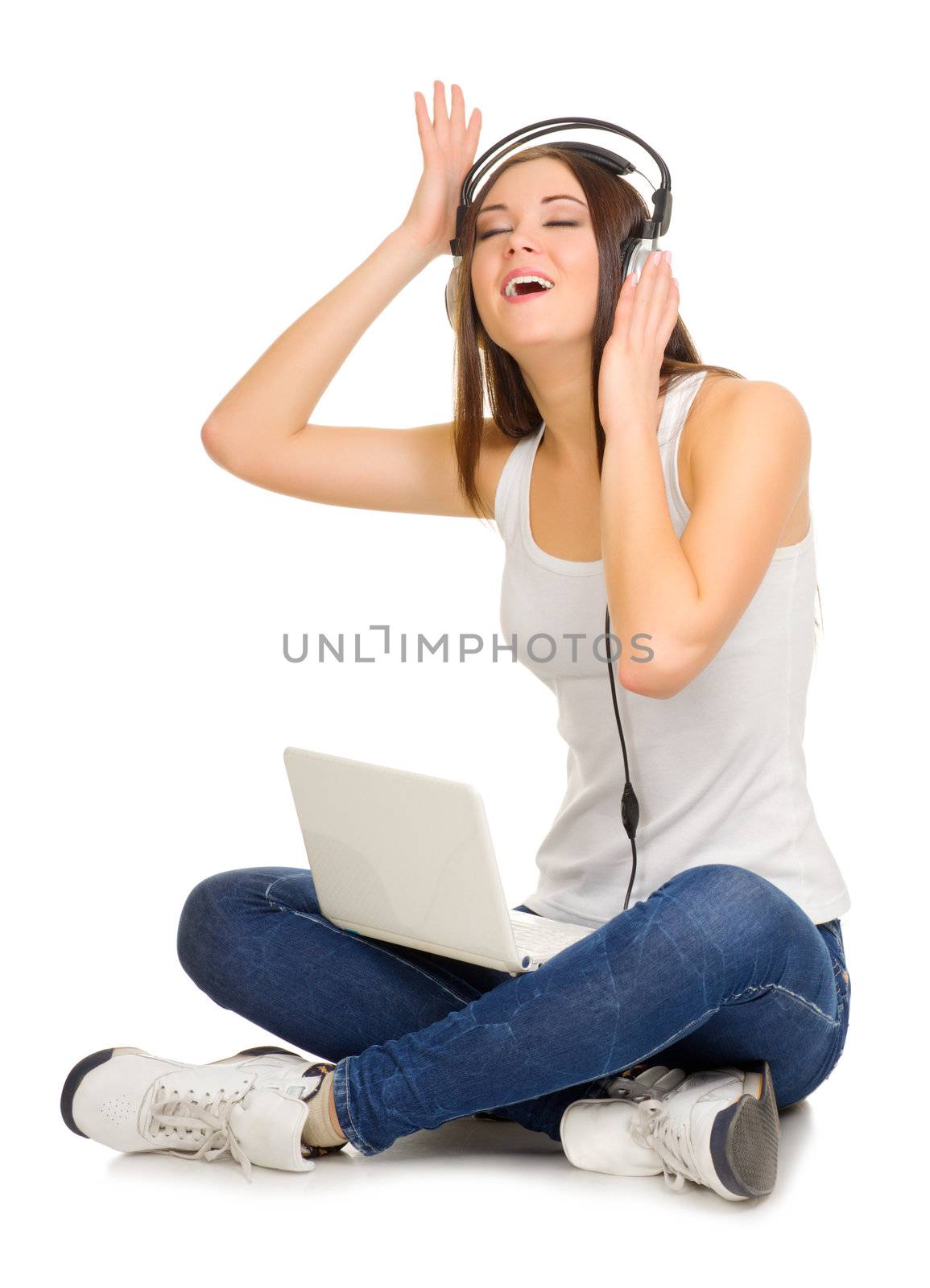 Young girl listen music isolated