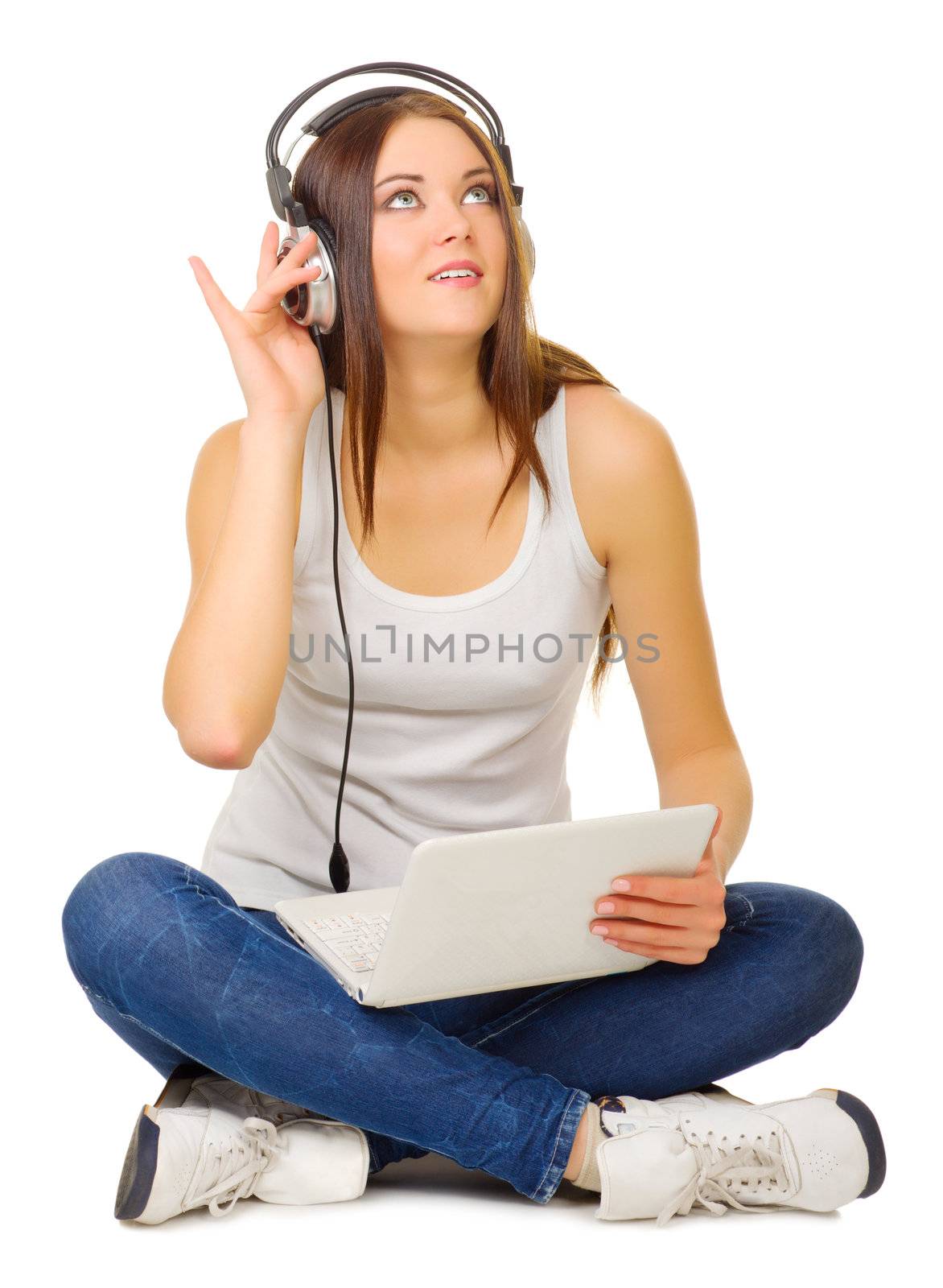 Young girl listen music isolated