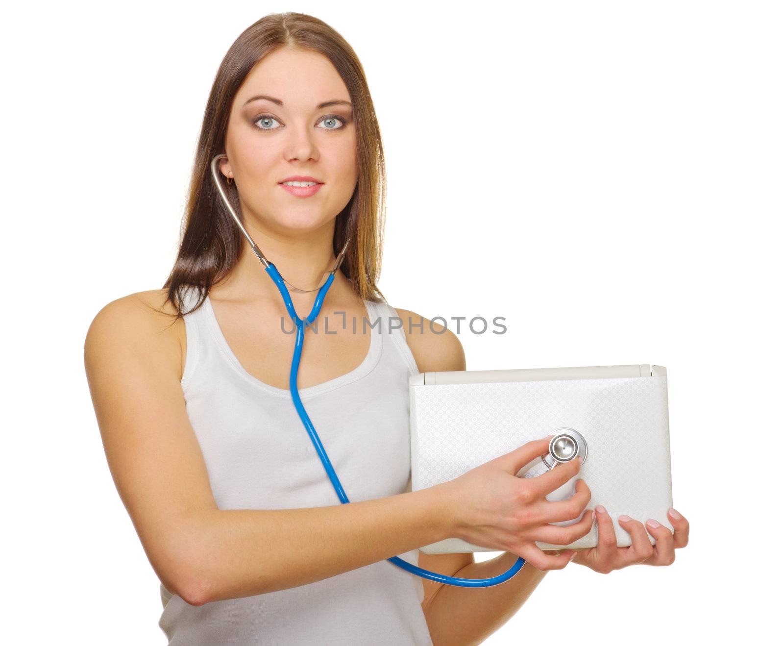 Young smiling girl with laptop and stethoscope isolated