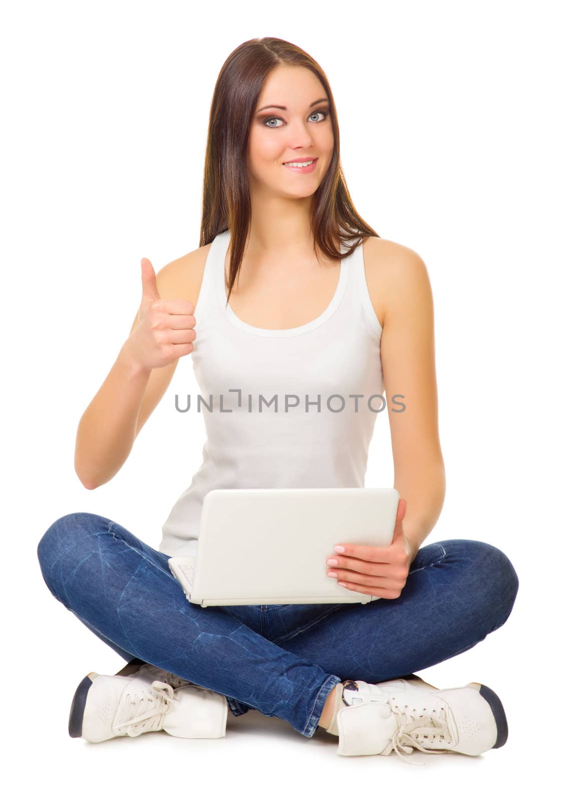 Young girl with laptop isolated