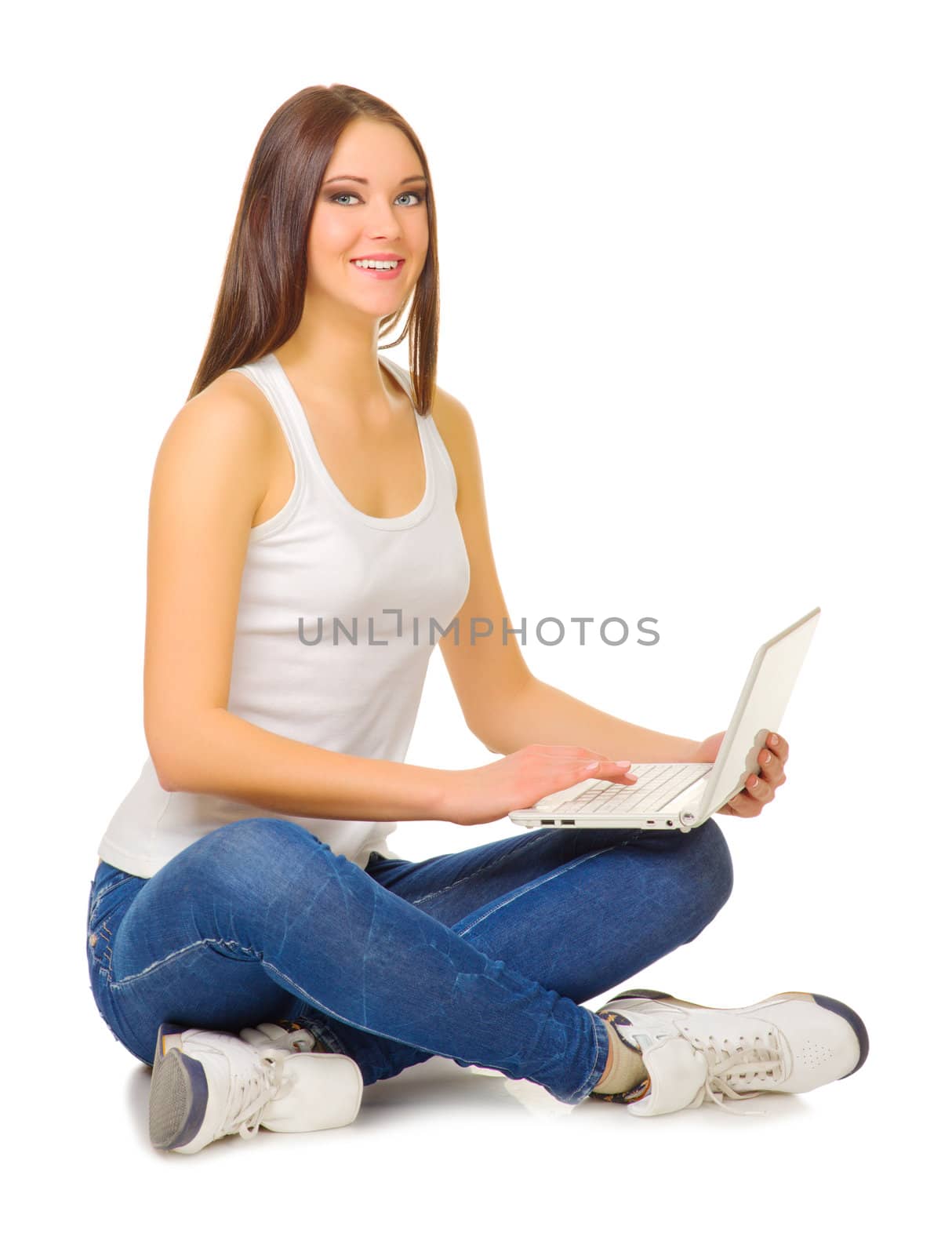 Young girl with laptop isolated