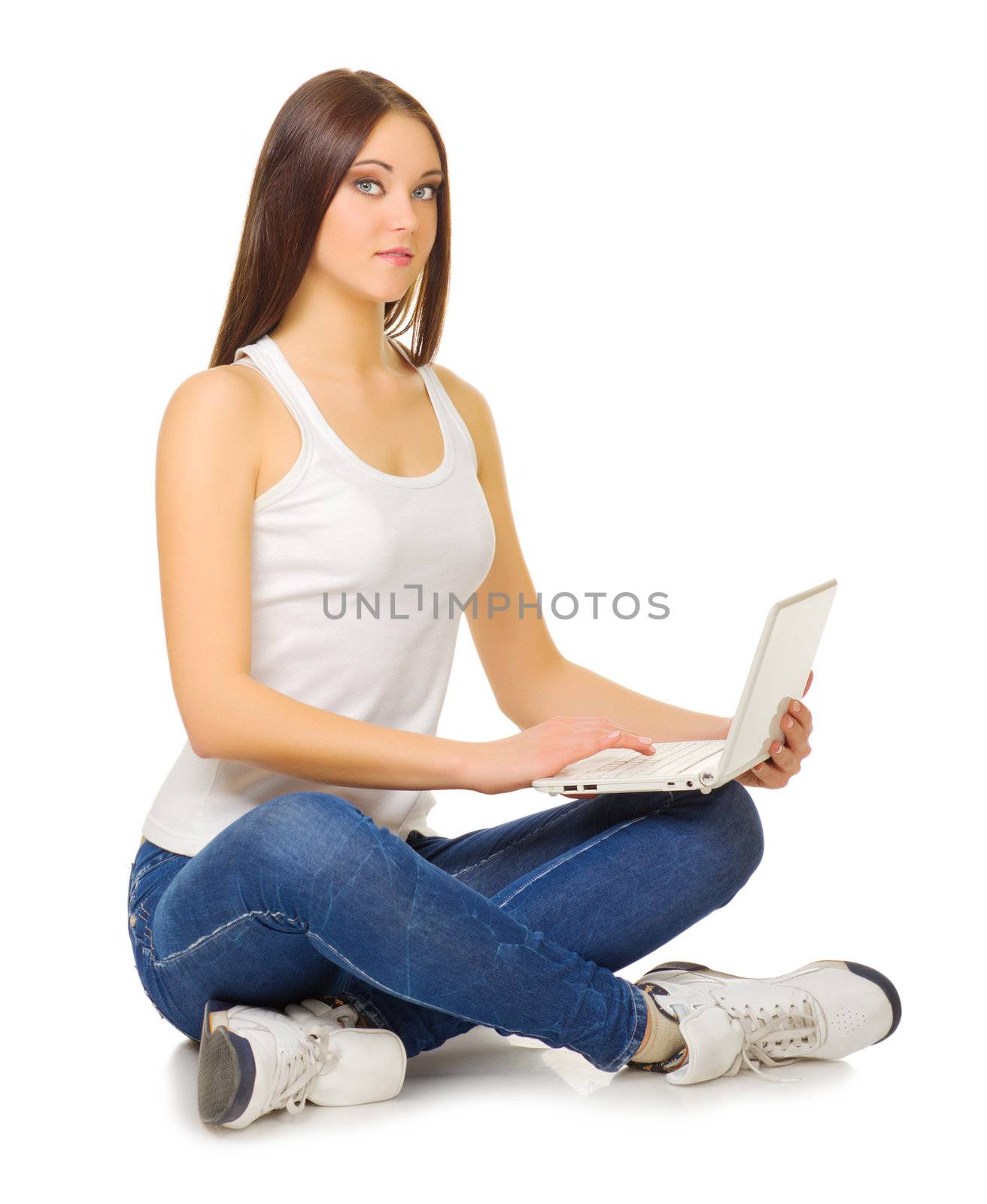 Young girl with laptop isolated