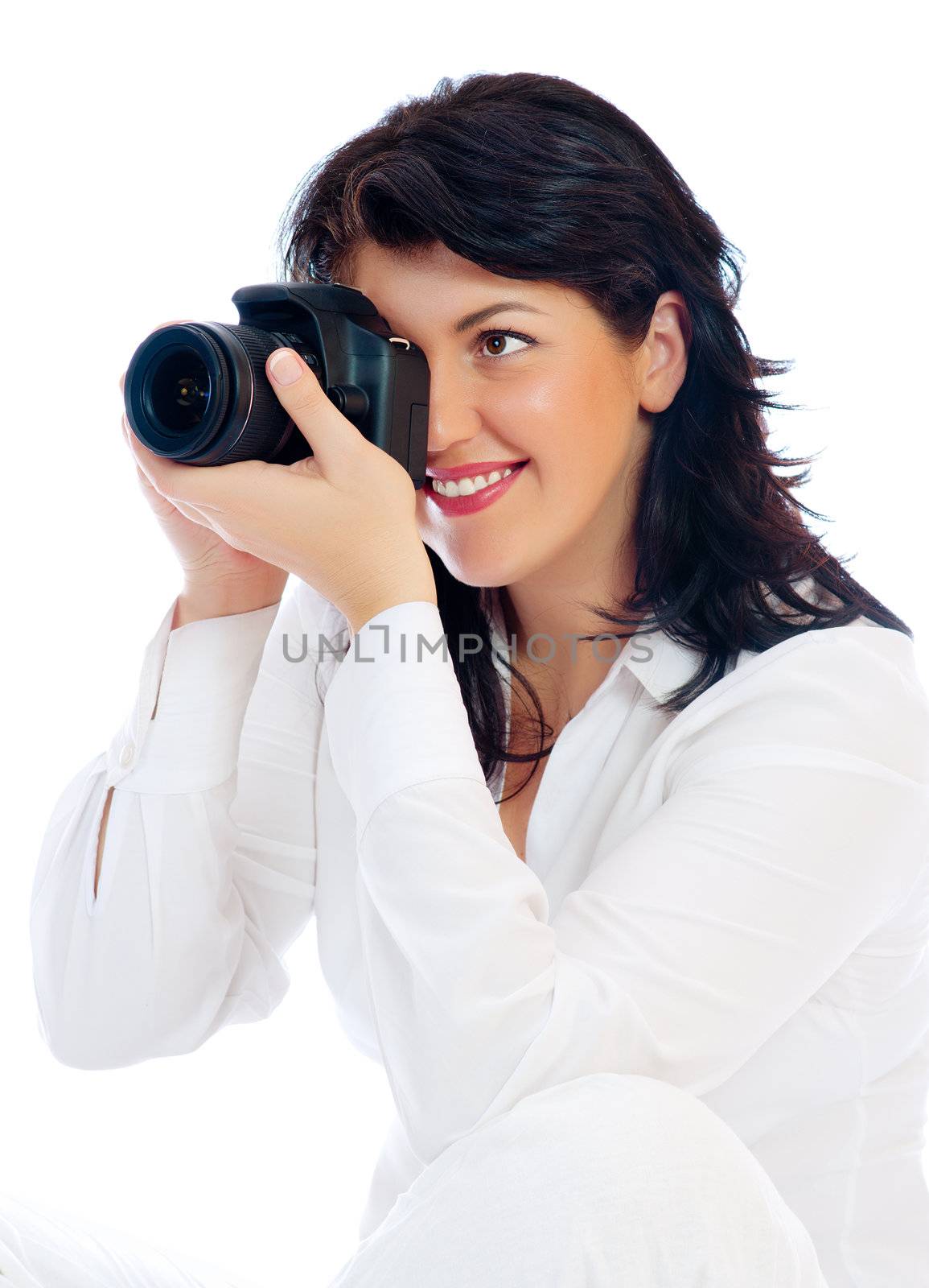 Young girl with DSLR isolated