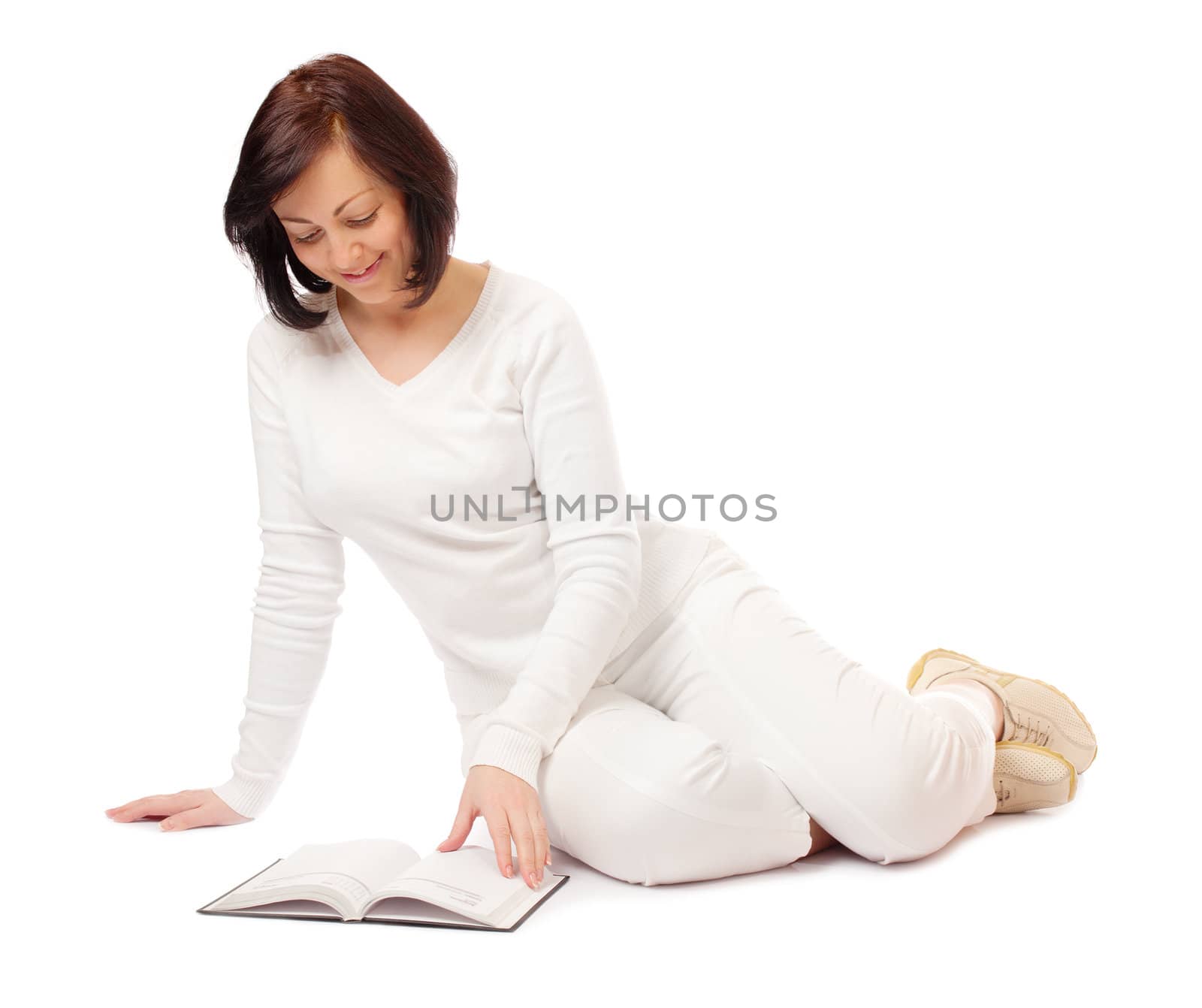 Young smiling woman reading book isolated