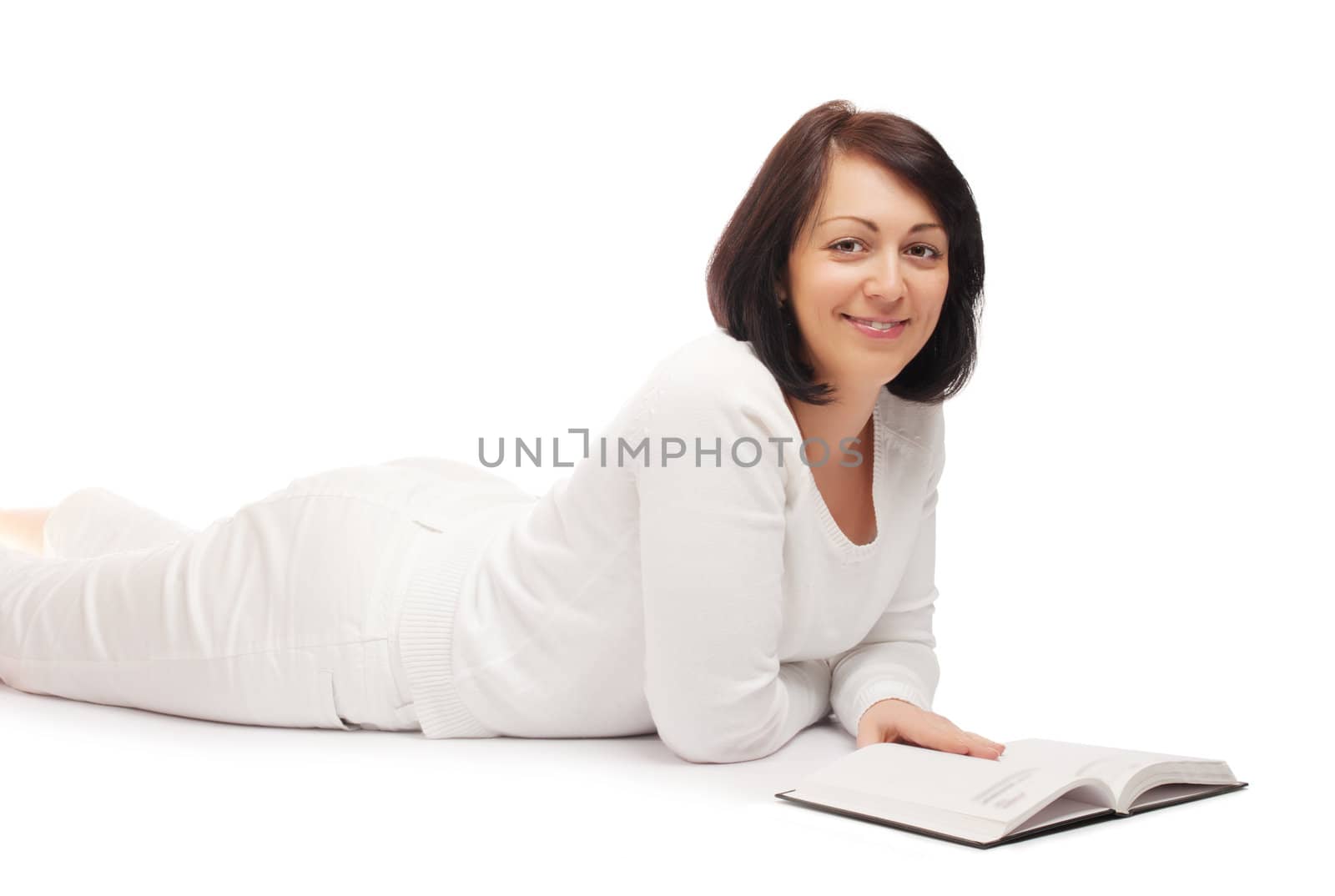 Young smiling woman with book isolated