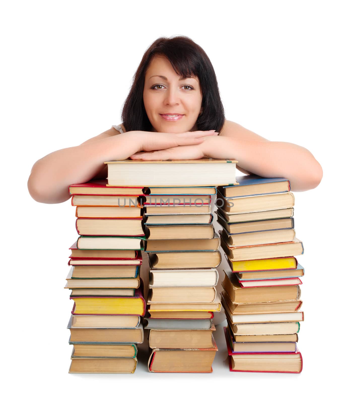 Young smiling woman with heap of books isolated by rbv