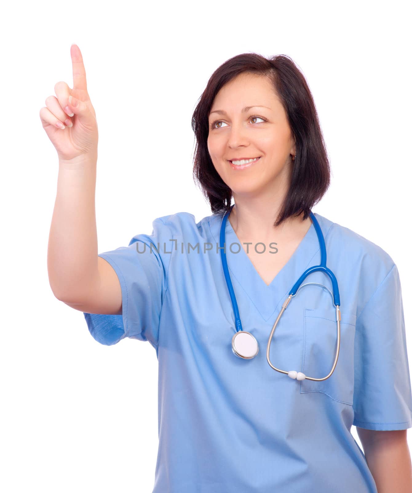 Young smiling doctor show by finger isolated