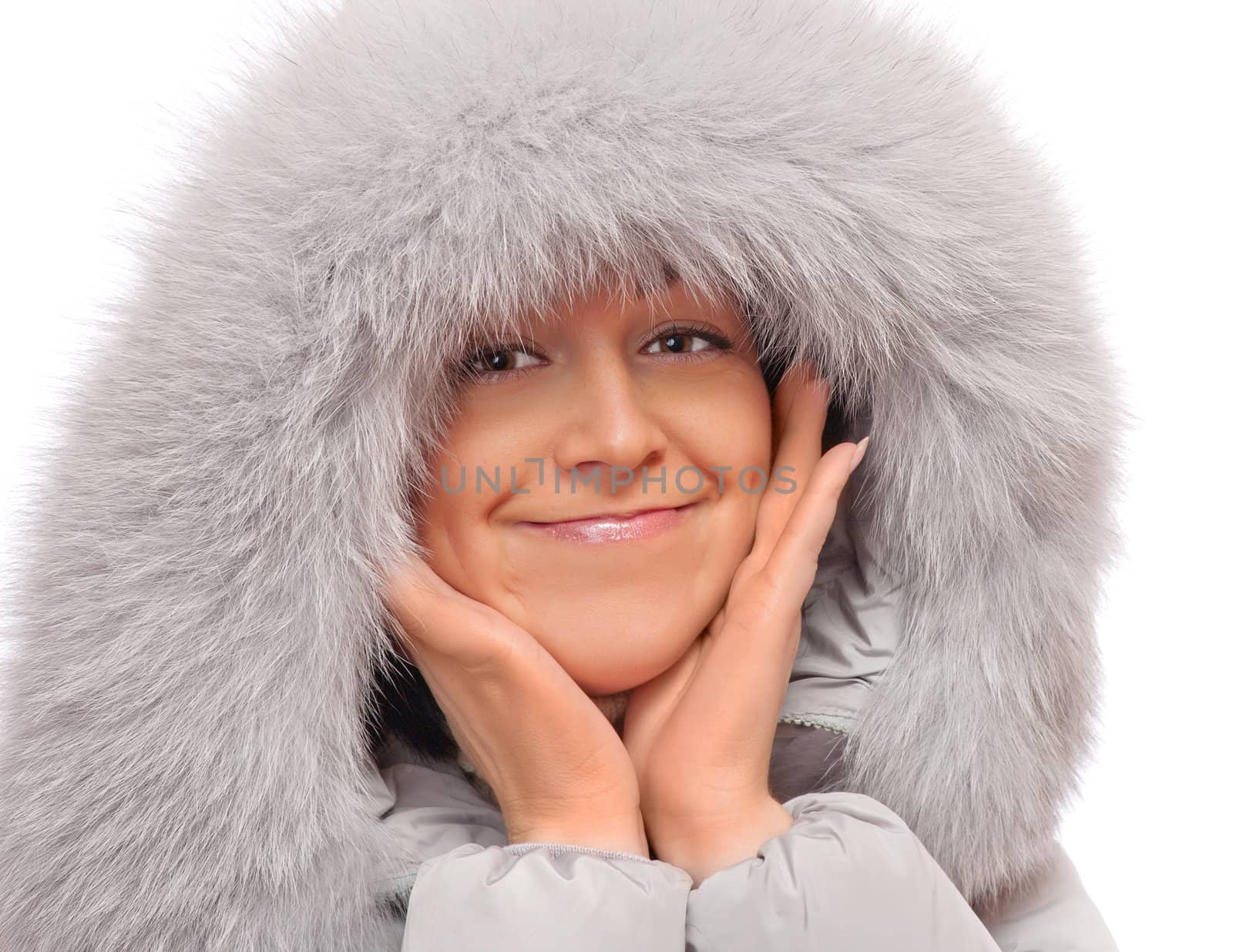 Portrait of young woman in fluffy hood