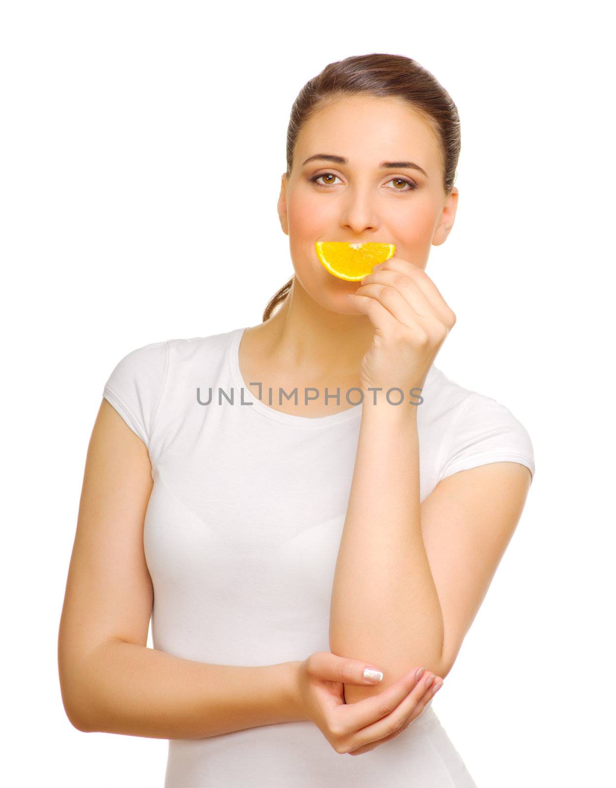 Young girl with orange slice isolated