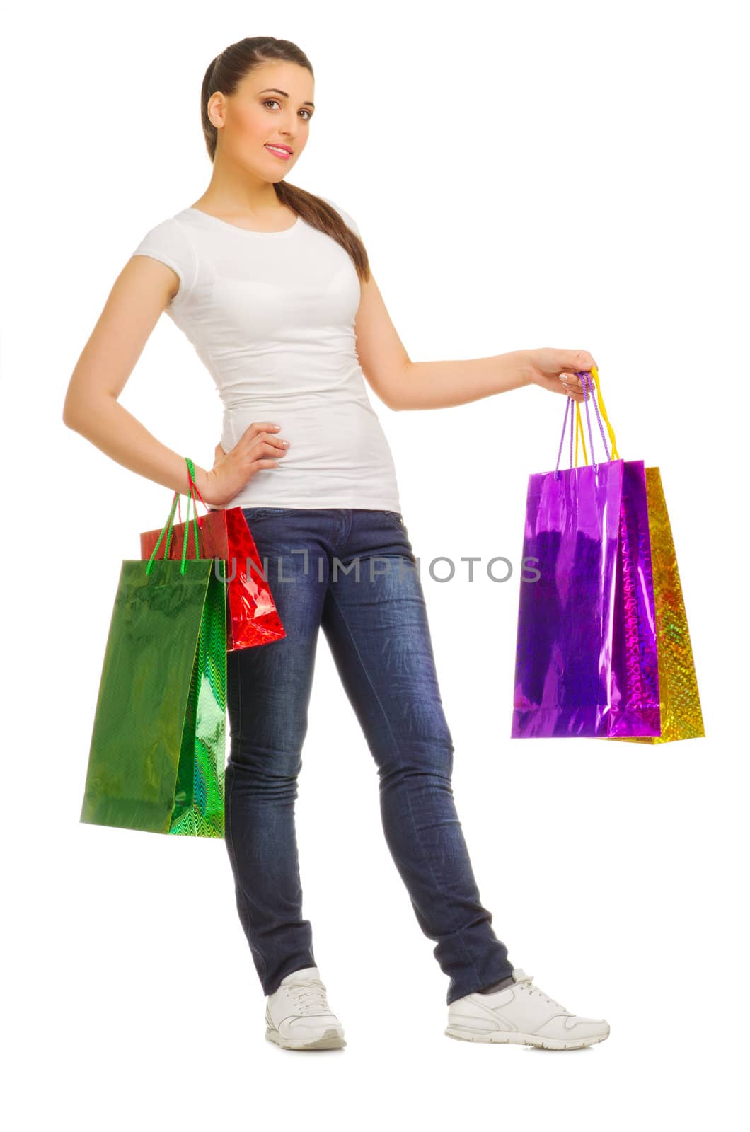 Young girl with bags isolated