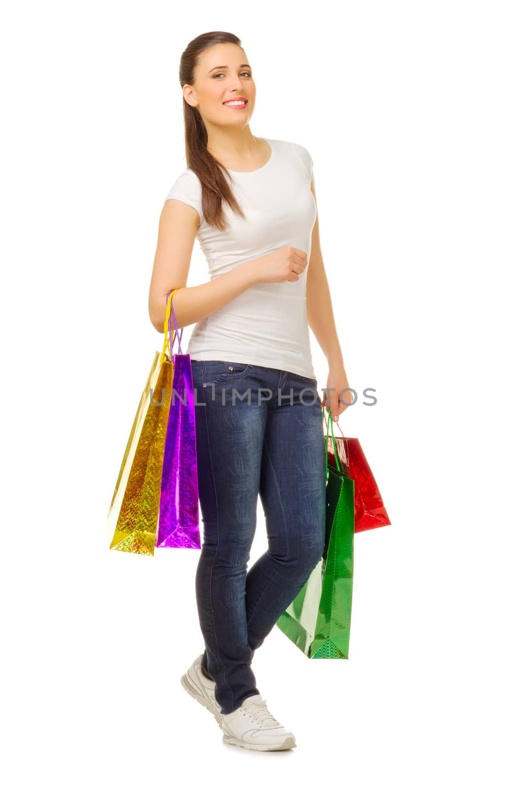 Young girl with bags isolated