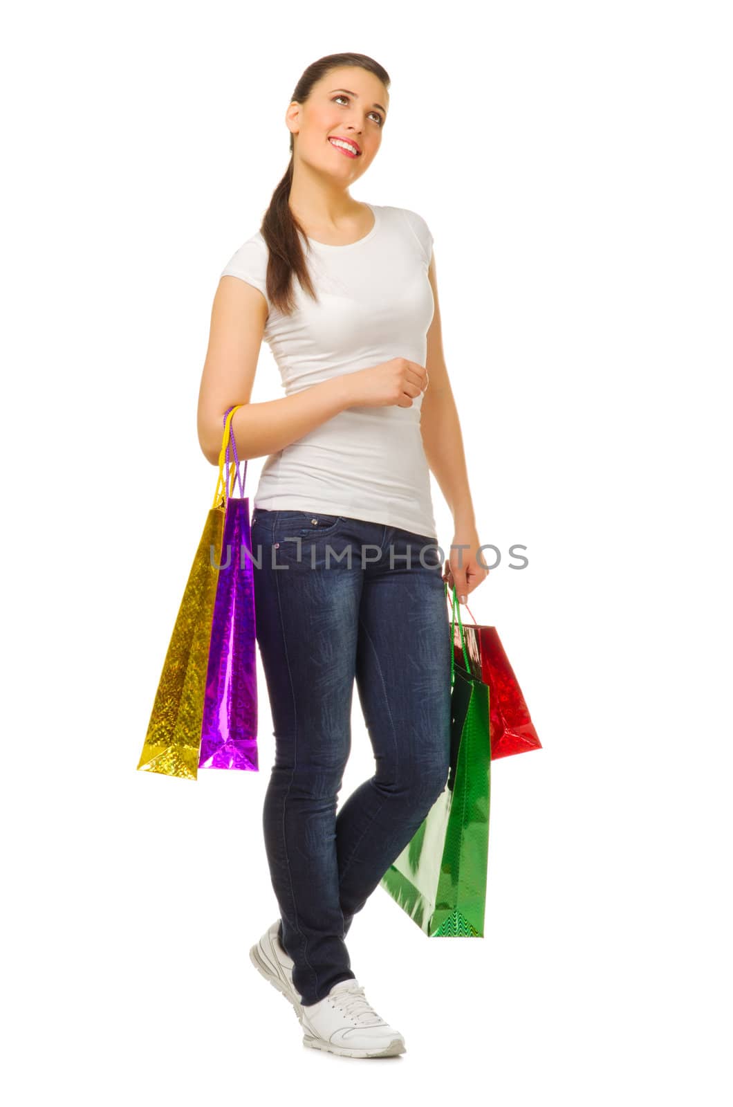 Young girl with bags isolated