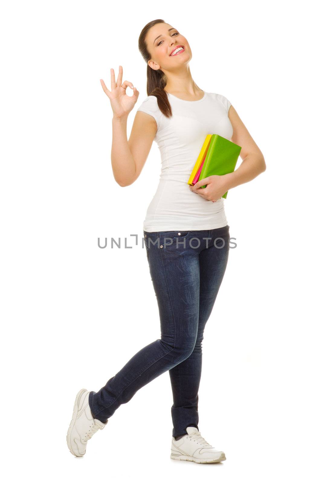 Young girl with books isolated