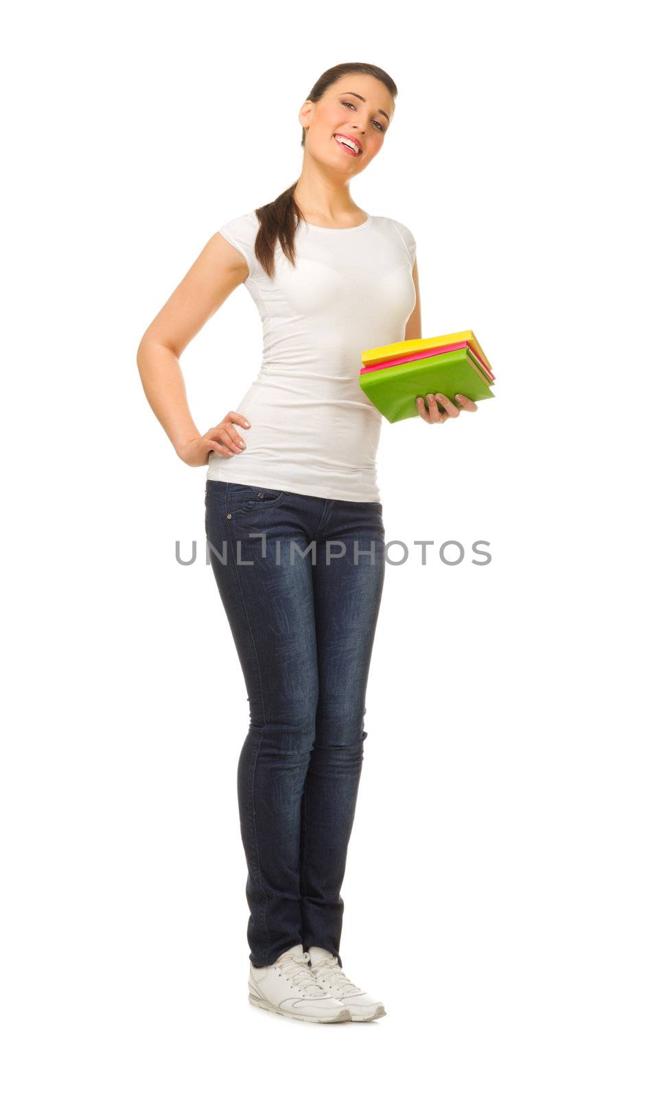 Young girl with books isolated