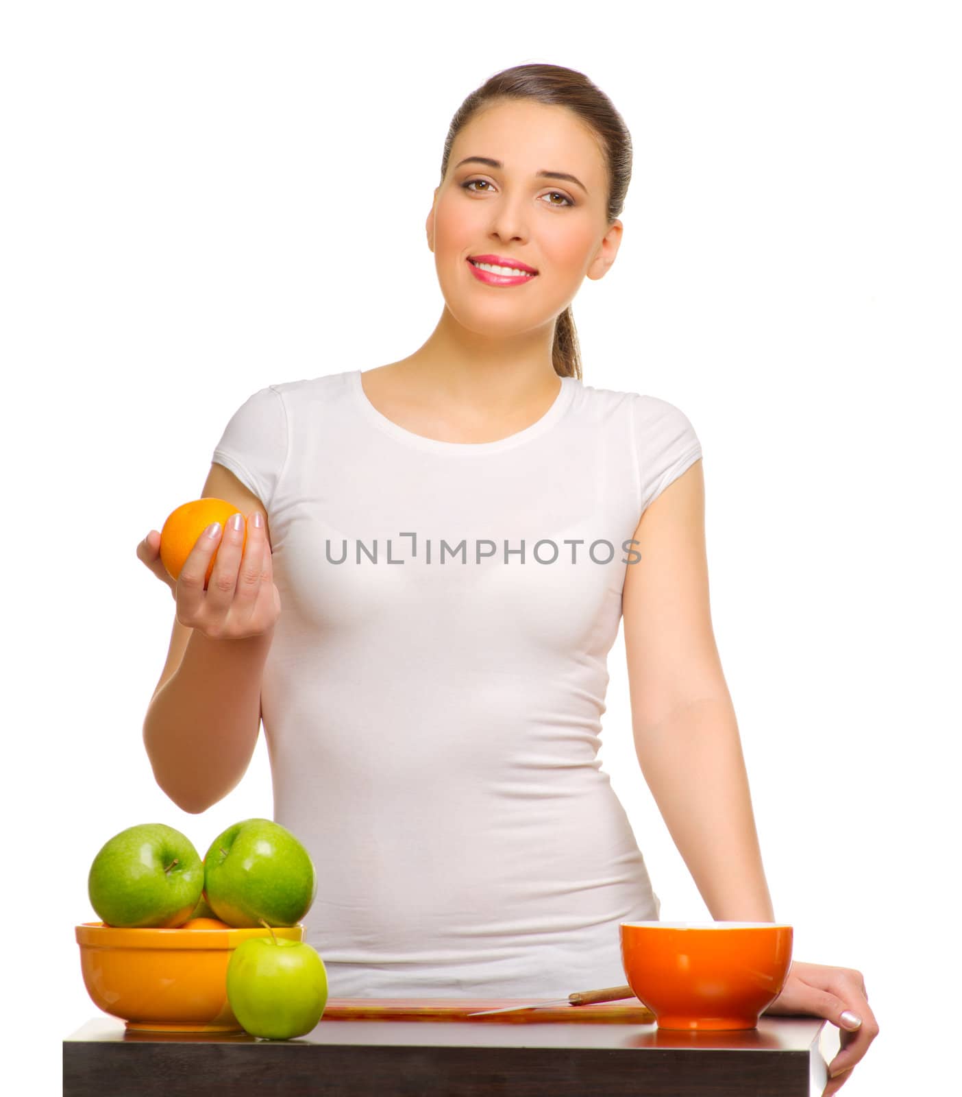 Young woman with fruits isolated
