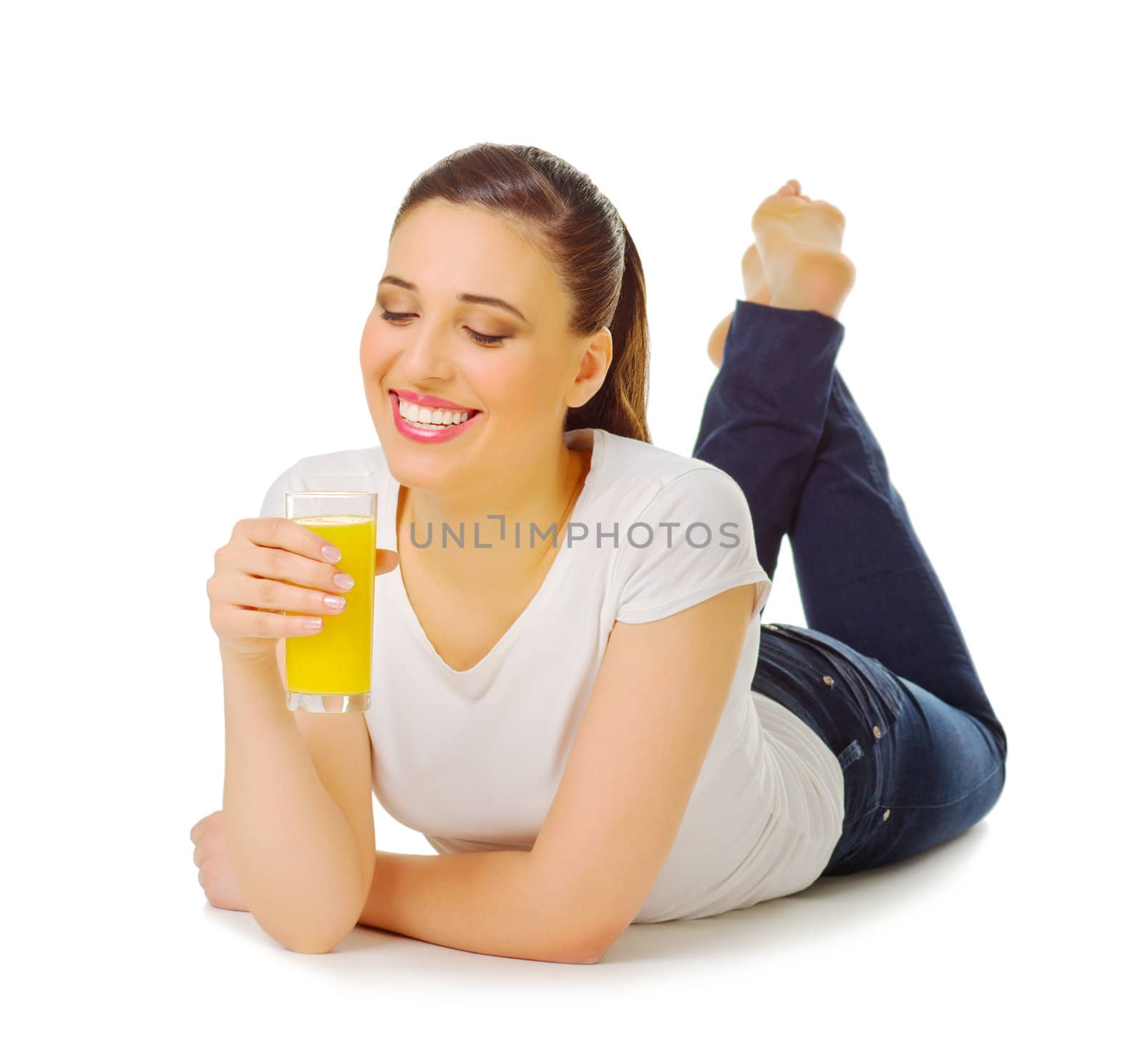 Young girl with juice isolated