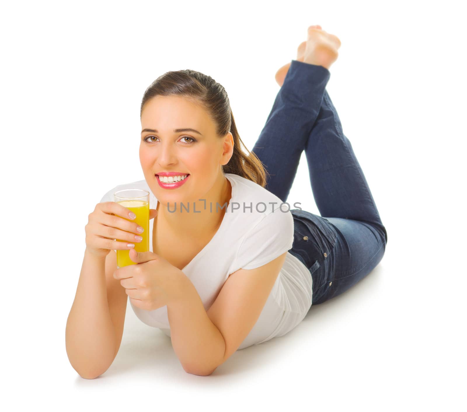 Young girl with orange juice isolated
