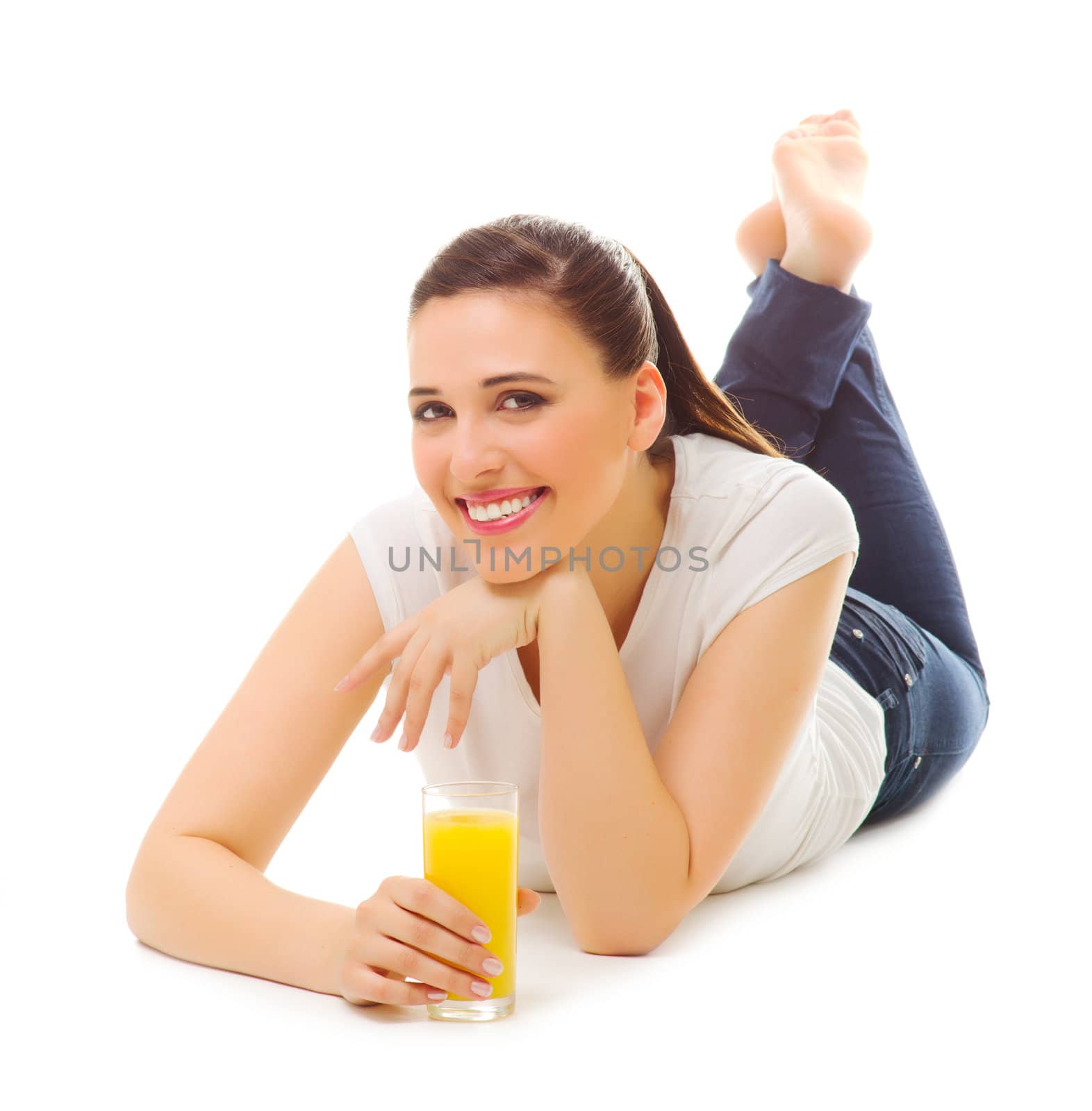 Young woman with orange juice isolated