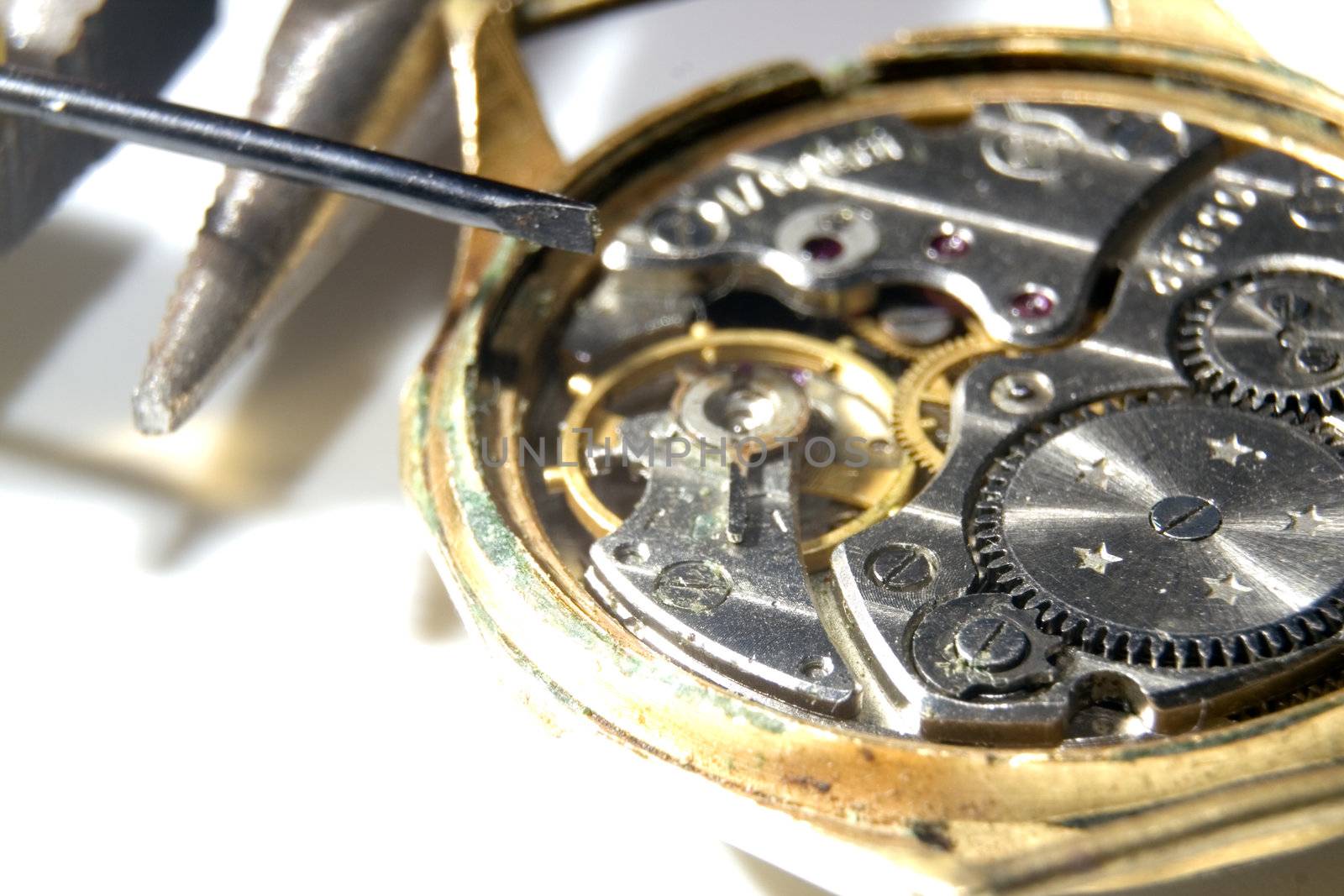 The mechanism of old watches on white background