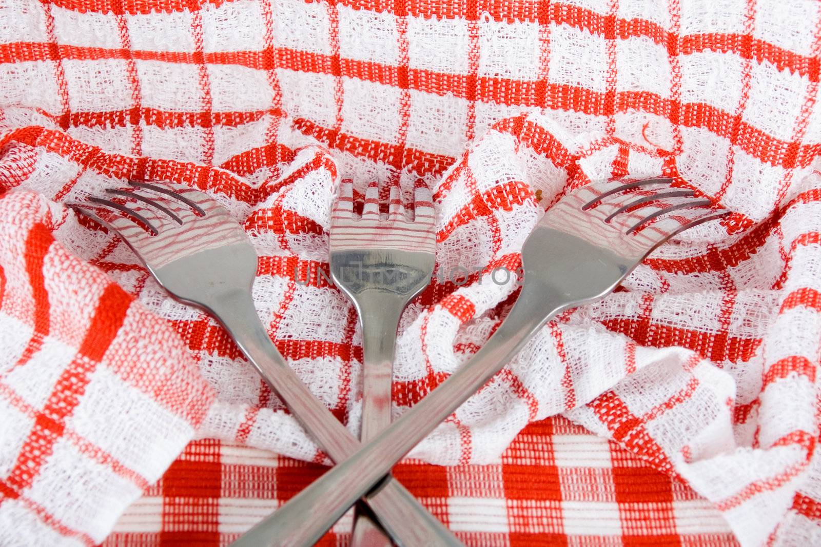 Shiny stainless steel forks on checkered fabric