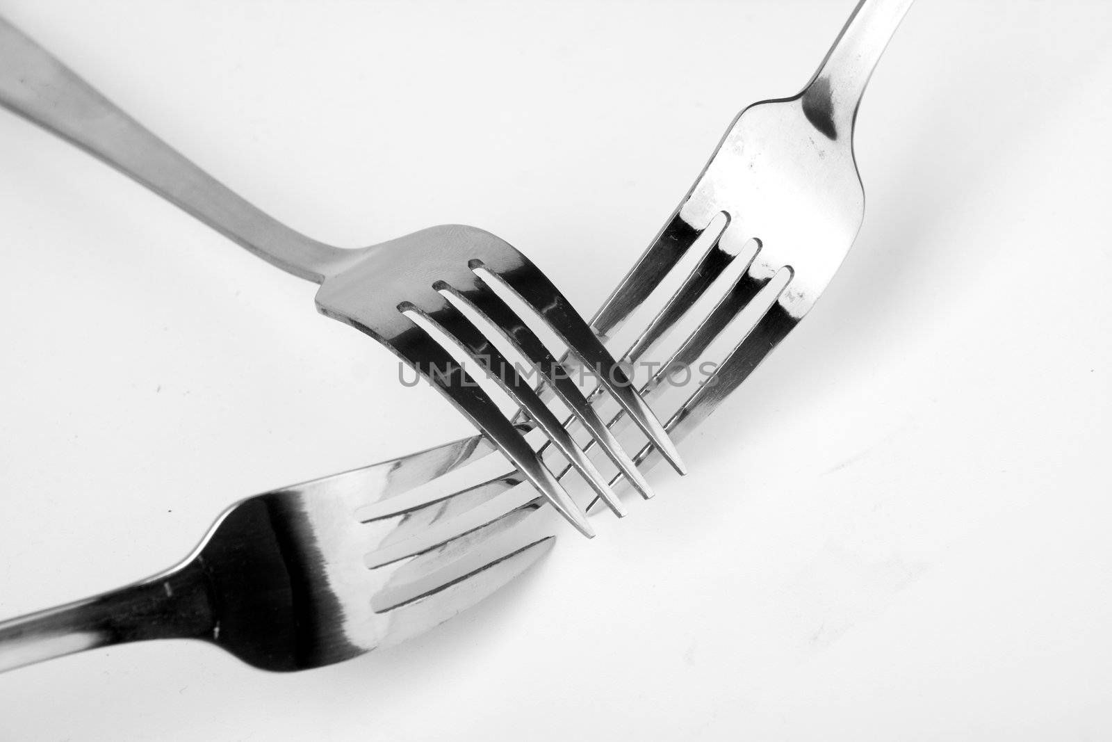 Shiny stainless steel forks on a white background