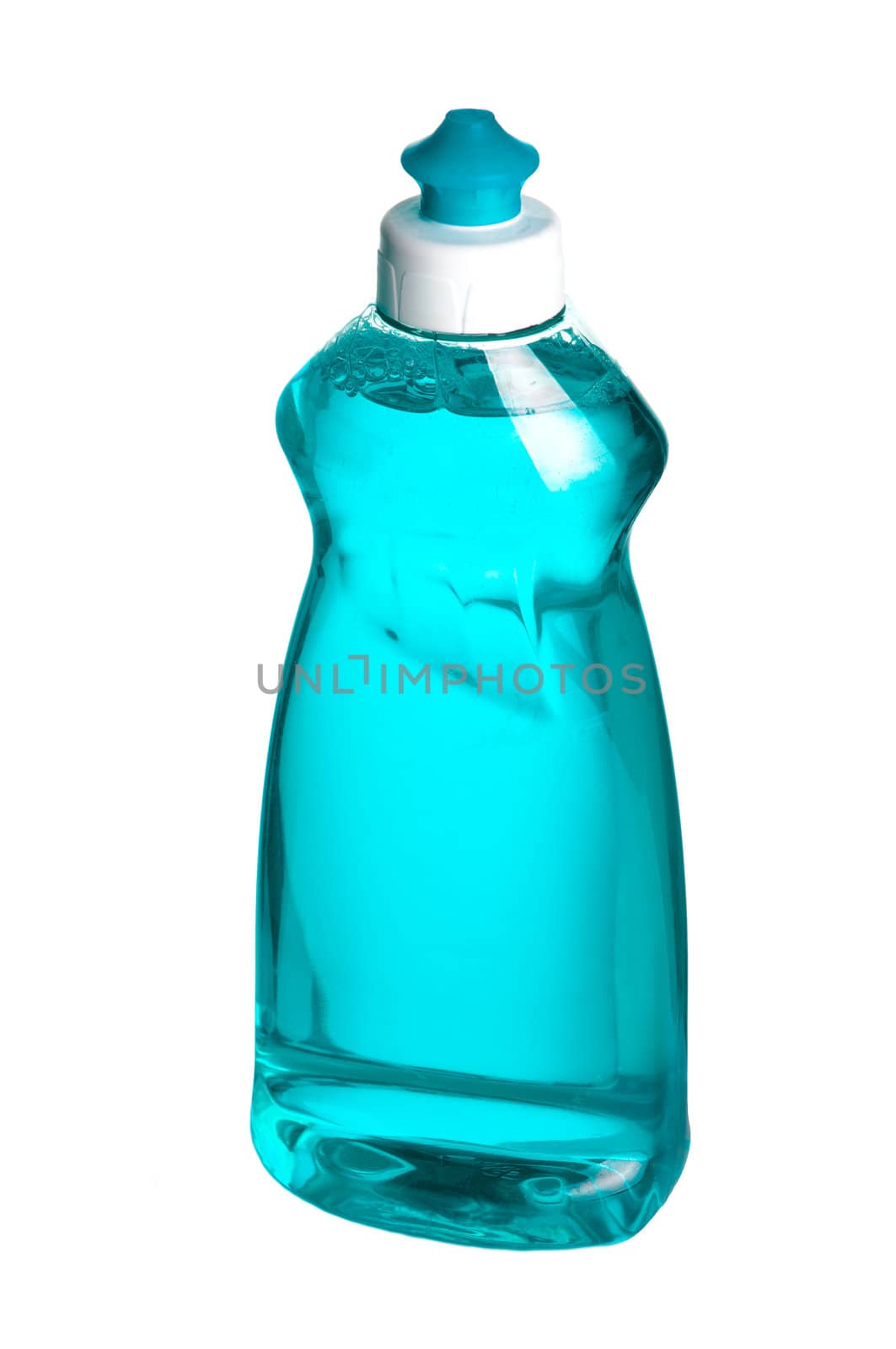 Liqid blue soap bottle on white background with path.