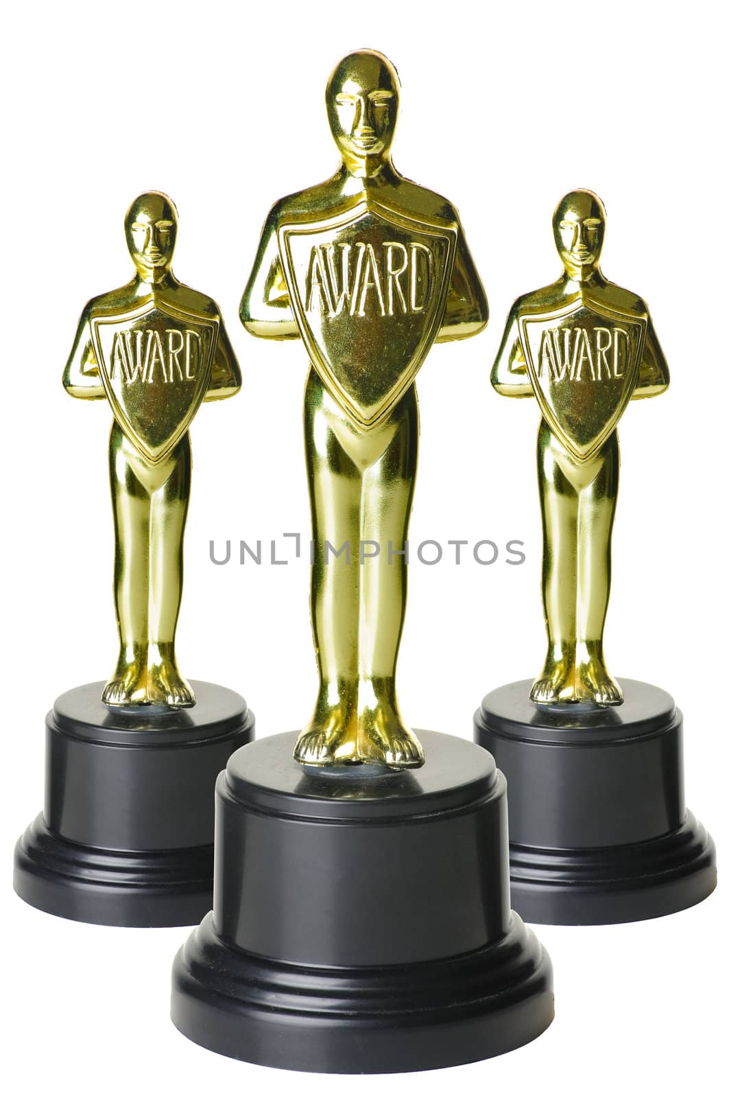 gold trophys on white background with path.