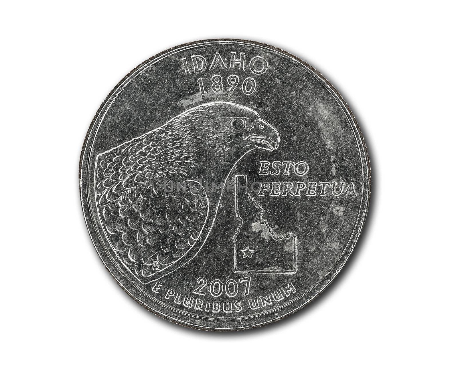 United States Idaho quarter dollar coin on white with path outline