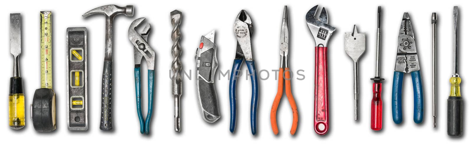 Various used tools on white isolated background